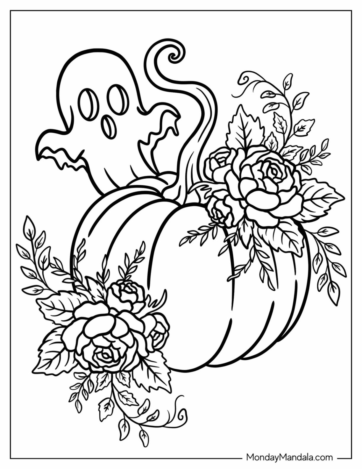 Cute Ghost Floating Behind a Pumpkin with Roses Halloween Coloring Page for Adults