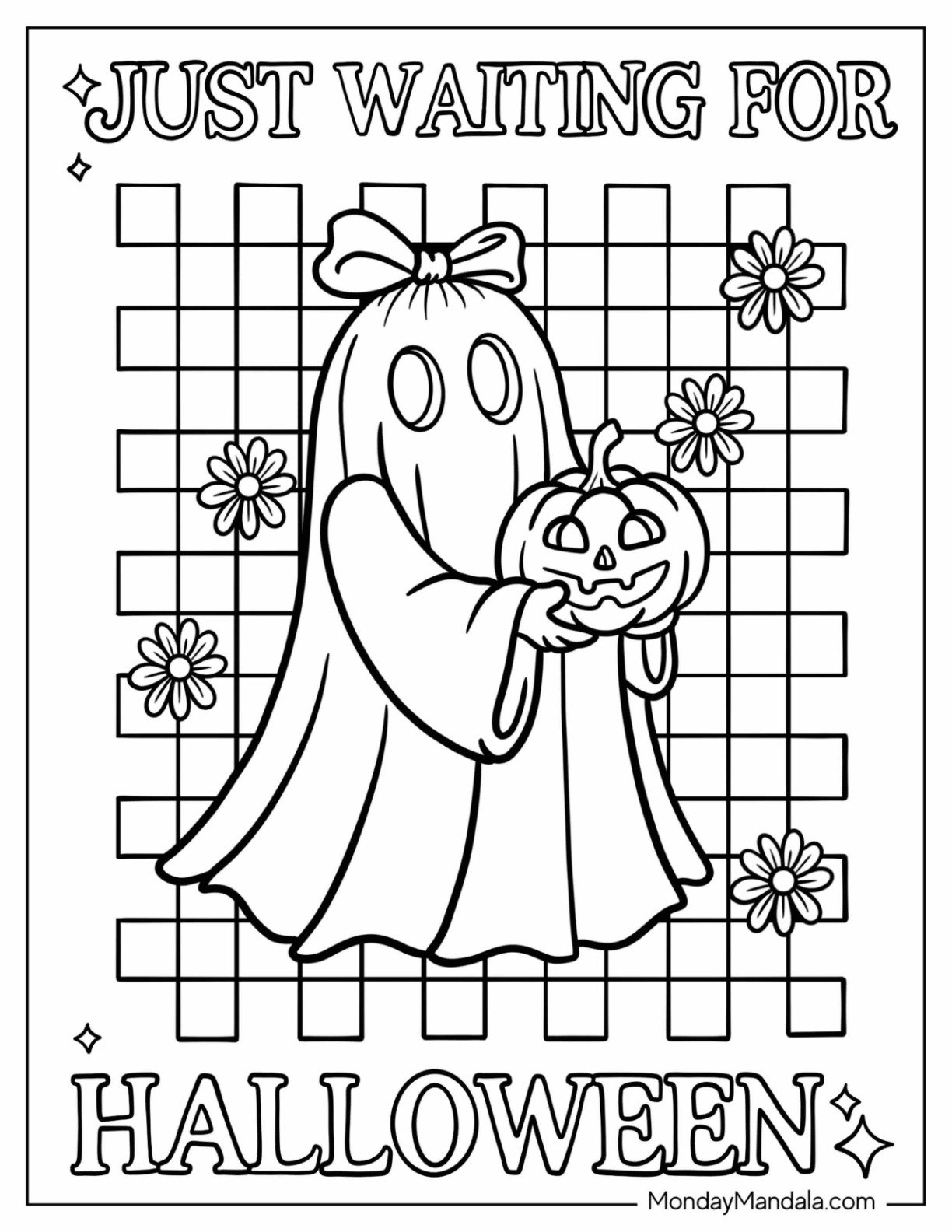 Cute Ghost Holding a Jack o’ Lantern with Flowers and Checkered Background Halloween Coloring Page for Adults