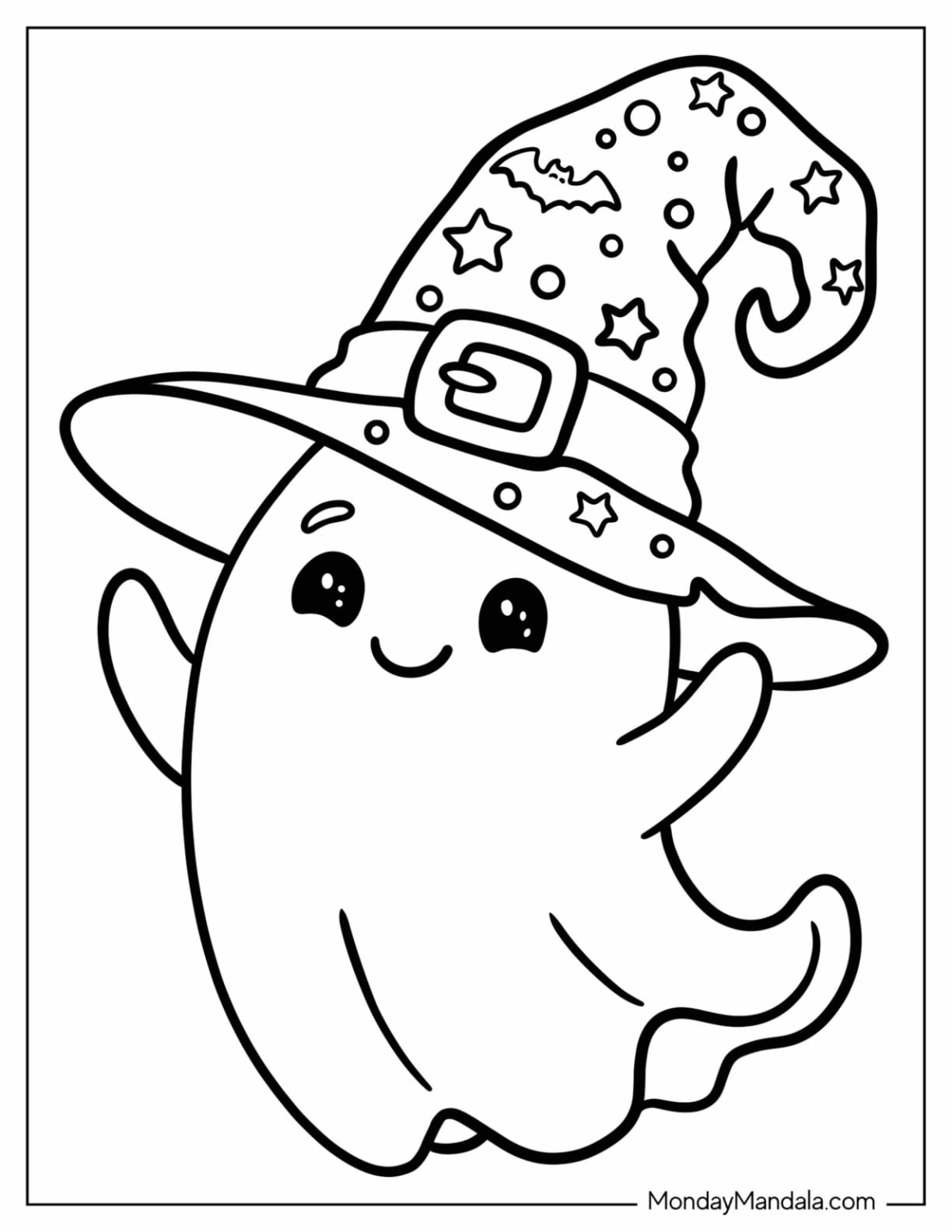 Cute Ghost Wearing a Starry Wizard s Hat Coloring Page for Preschoolers