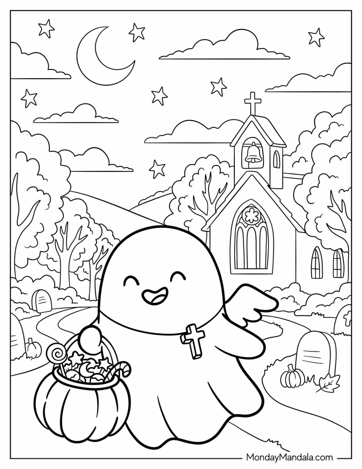 Christian Halloween Coloring Page of Cute Ghost with Wings Carrying Trick or Treat Candies for Preschoolers