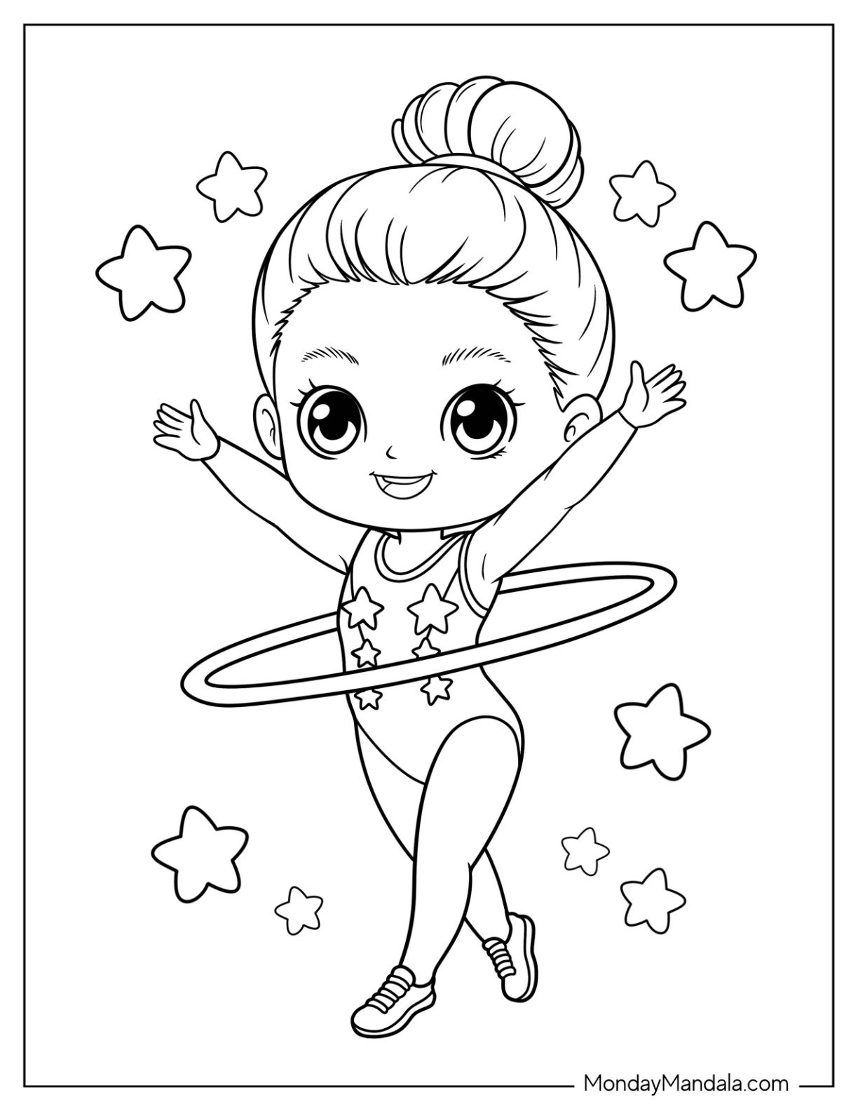 Gymnastics Coloring Page of Cute Girl Gymnast with Starry Leotard Spinning Hula Hoop in the Air for Preschoolers