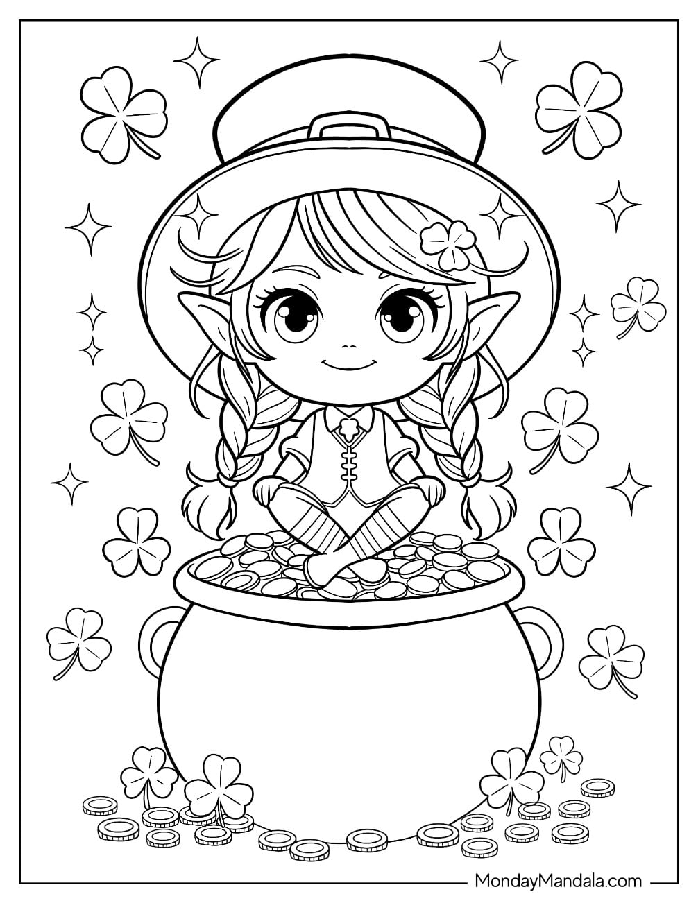 Cute Girl Leprechaun Coloring Page Sitting On Pot Of Gold