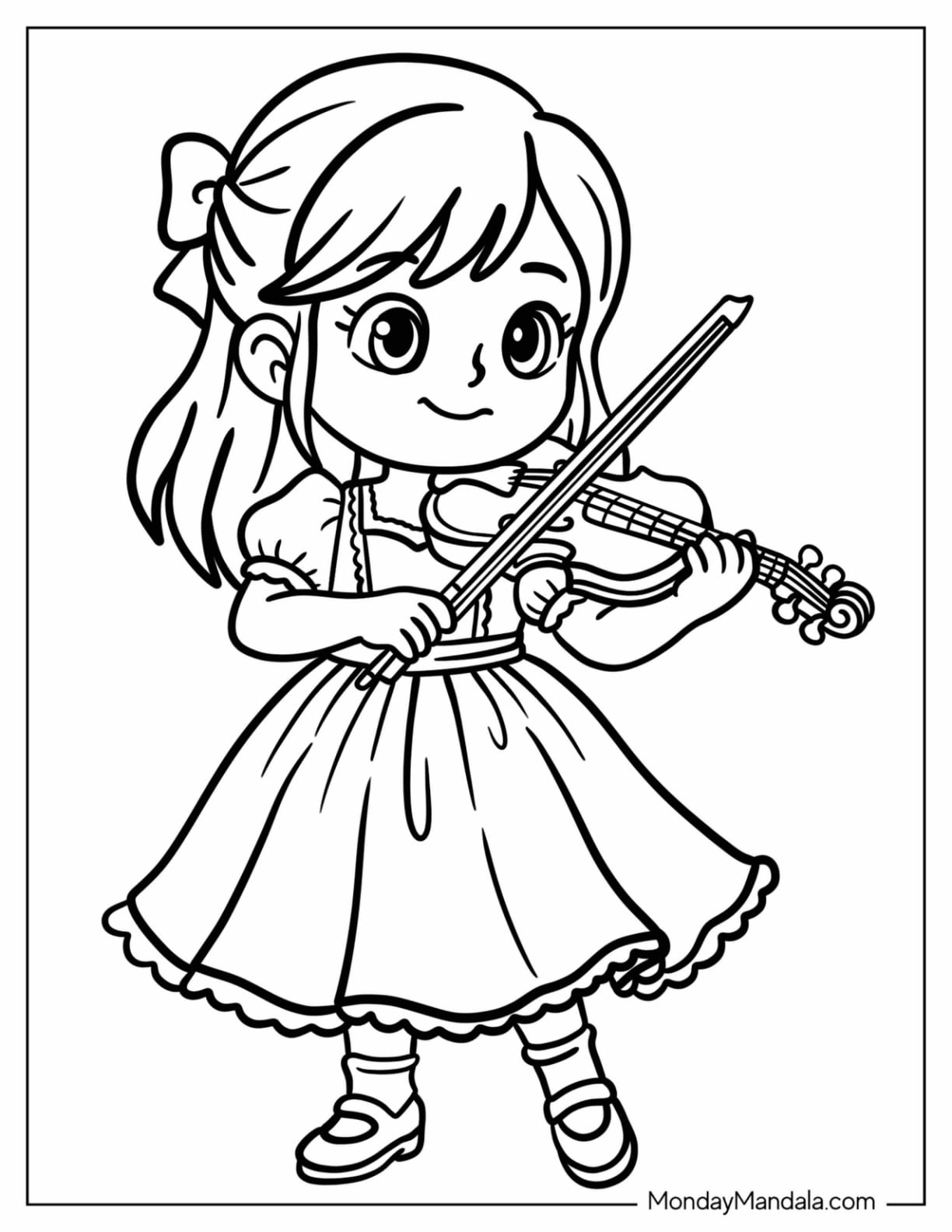 Cute Girl in a Dress Playing the Violin Coloring Page for Kids