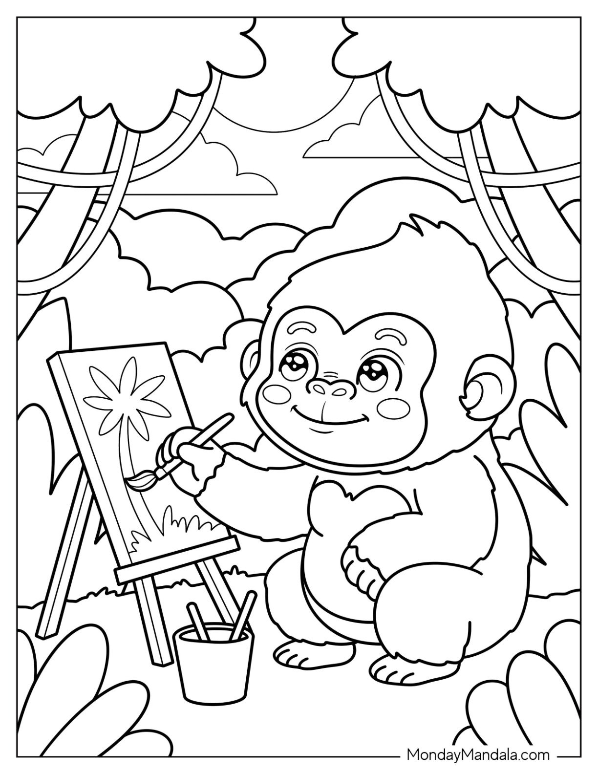 Cute Gorilla Coloring Page Painting a Flower on an Easel in the Jungle for Kids