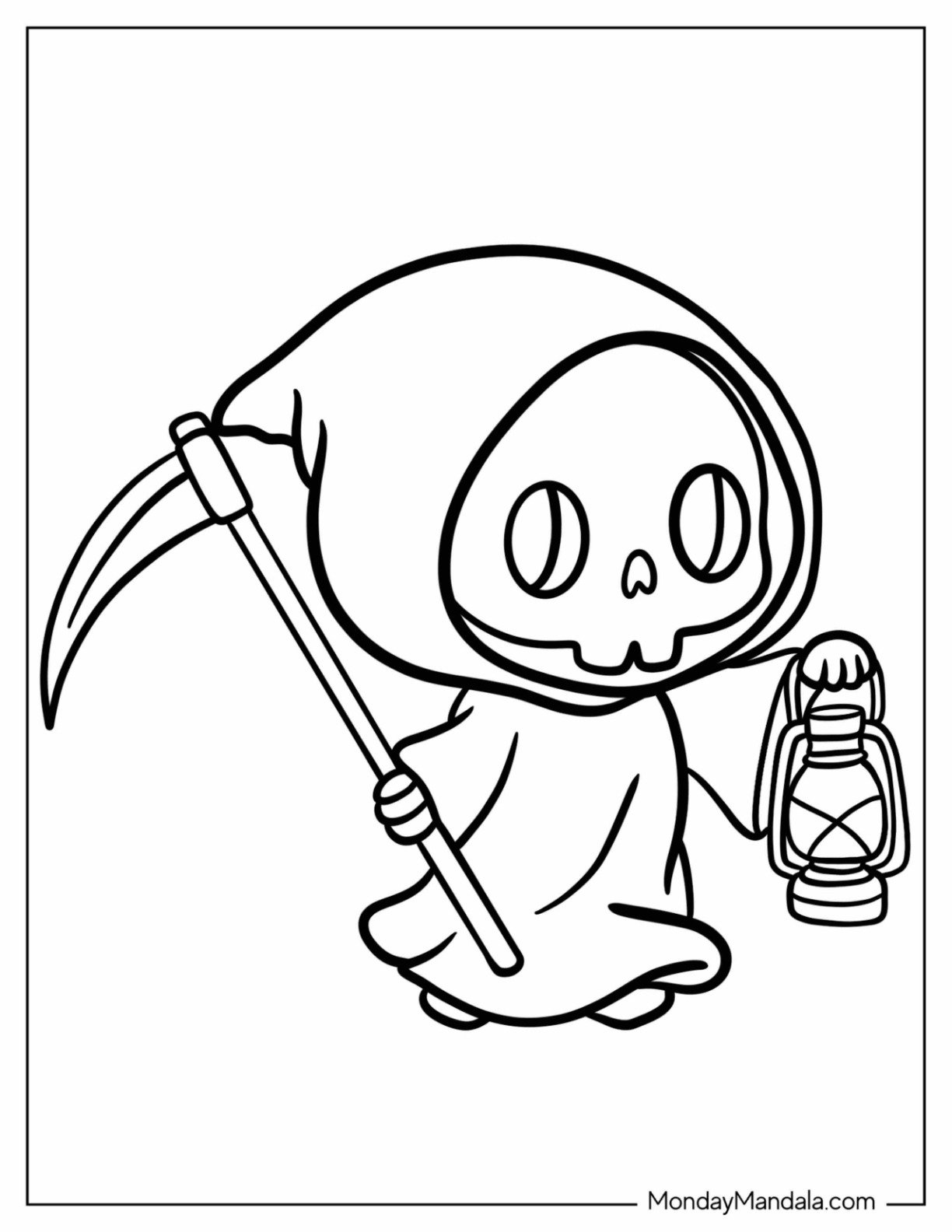 Cute Grim Reaper Coloring Page Walking with Scythe and Lantern for Preschoolers