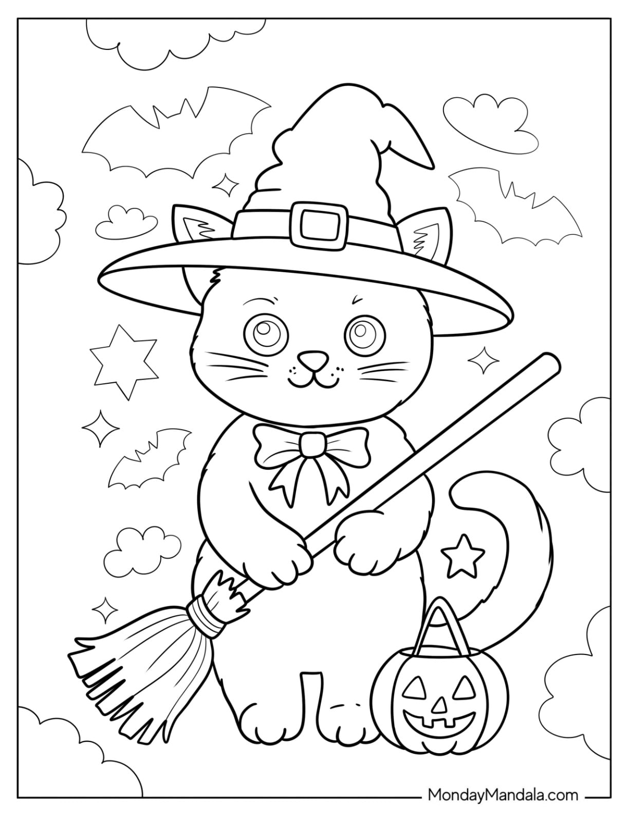 Cute Halloween Cat Coloring Page in Witch Hat Holding a Broom in the Sky for Preschoolers