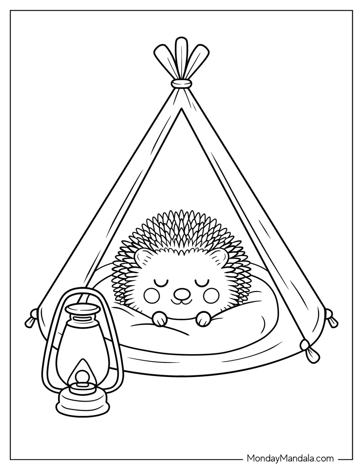 Cute Hedgehog Curled Up in Cozy Camping & Hiking Coloring Page Tent with Lantern Outside for Preschoolers