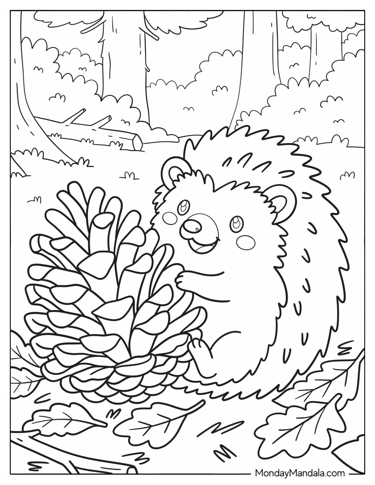 Cute Hedgehog Hugging a Pinecone Coloring Sheet