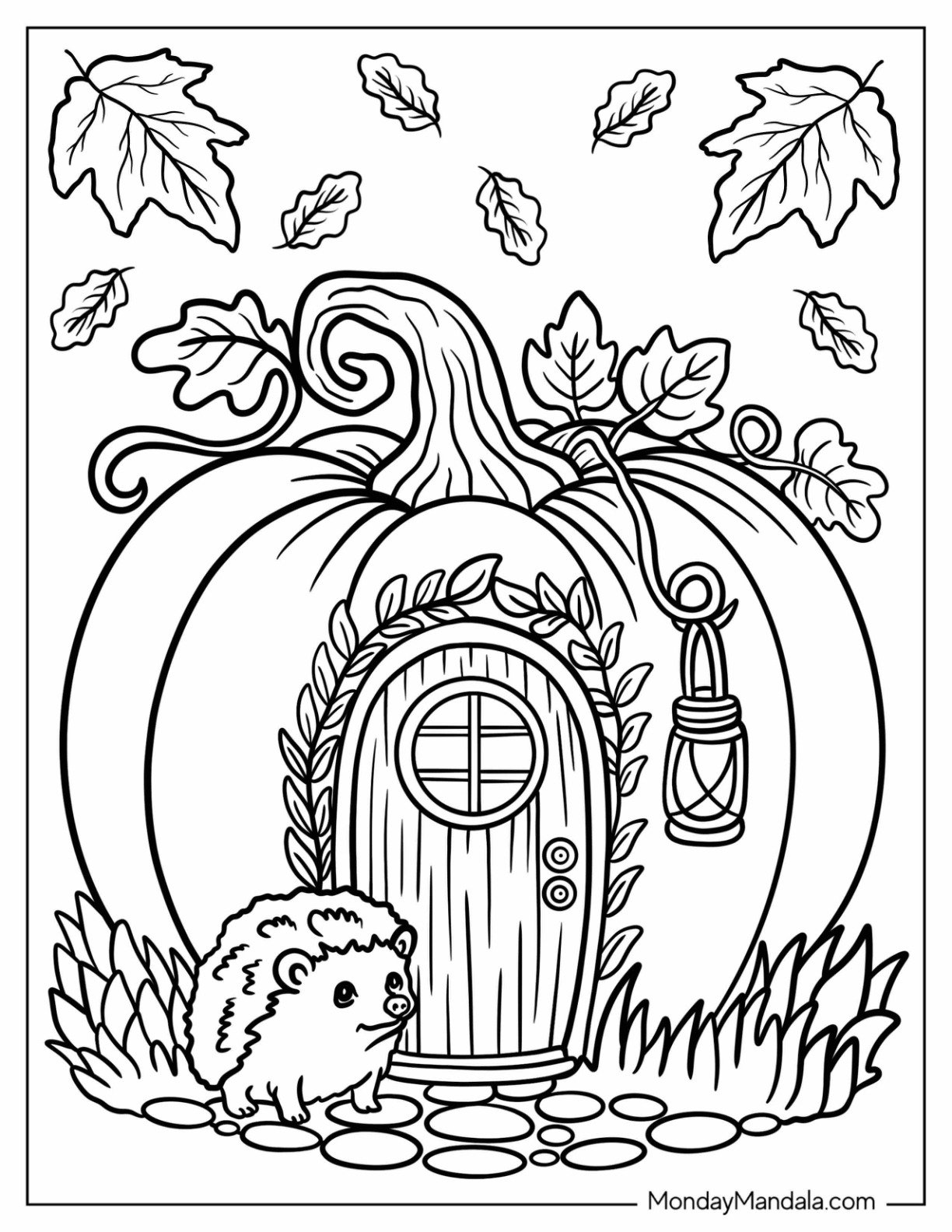 Autumn & Fall Coloring Page for Adults of Cute Hedgehog Outside Pumpkin with Falling Leaves