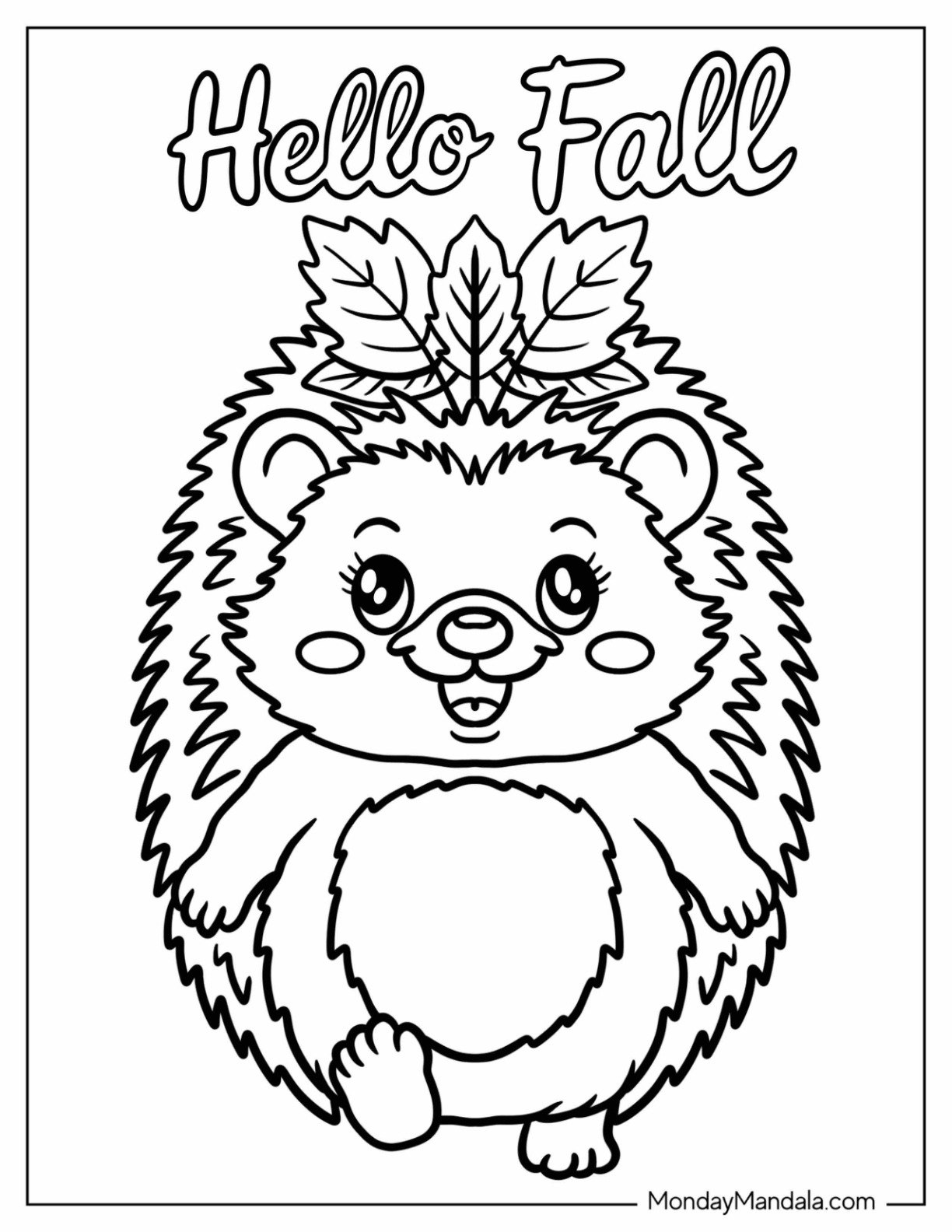 Cute Hedgehog with Autumn Leaves on Its Head Coloring Page for Kids