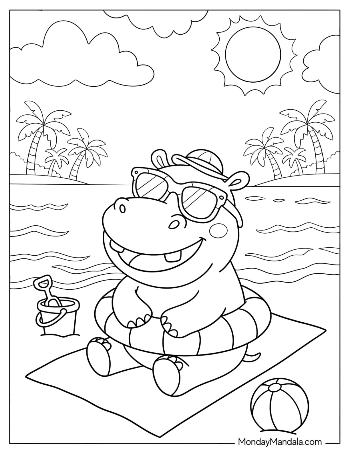 Cute Hippo with Floatie at the Beach Coloring Page for Kids
