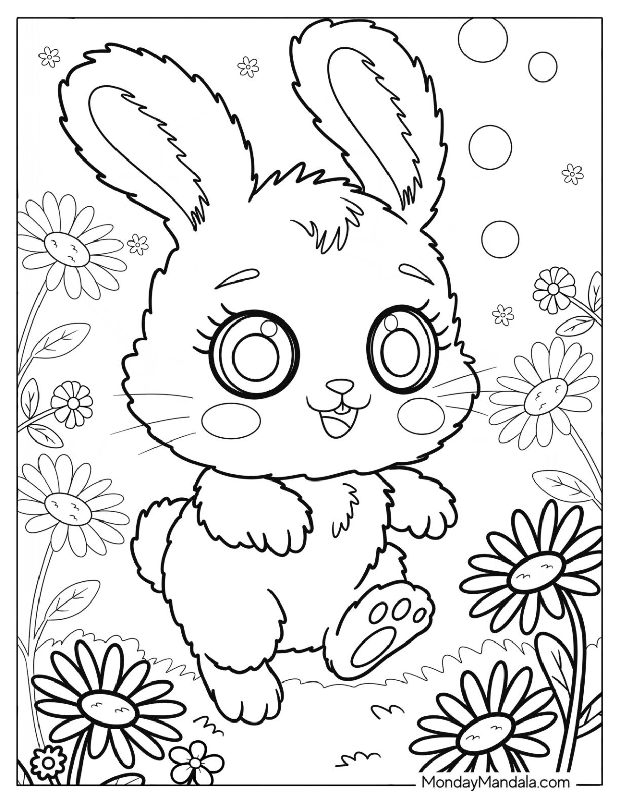 Cute Coloring Page of Hopping Bunny in a Flower Field for Kids