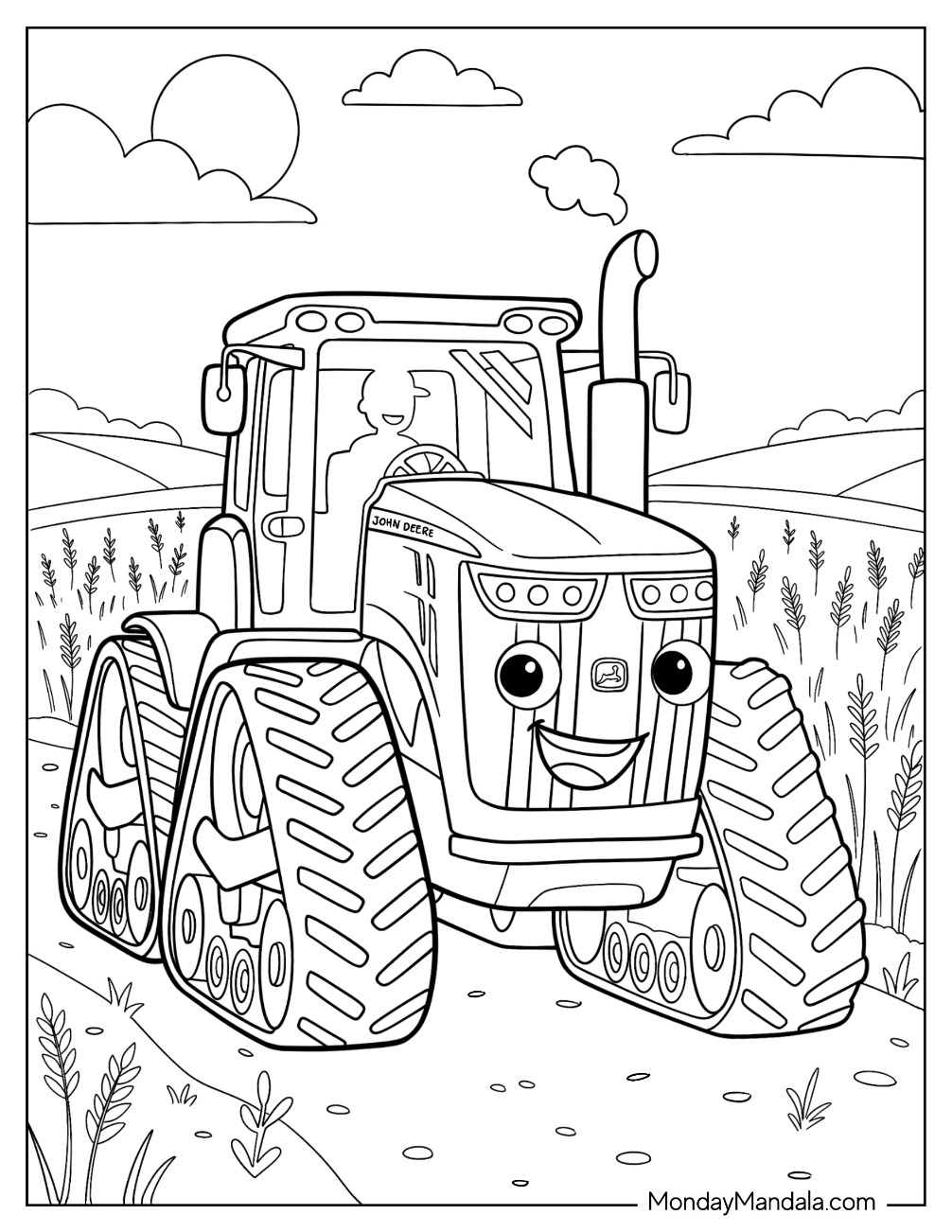 Cute John Deere Tractor on the Field Coloring Sheet