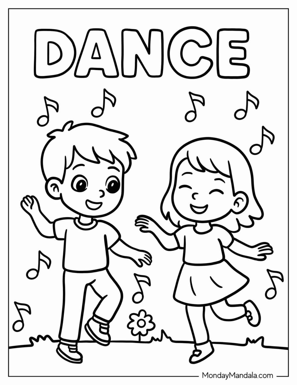 Cute Kids Dancing Coloring Page Together Outdoors with Musical Notes in the Background for Preschoolers