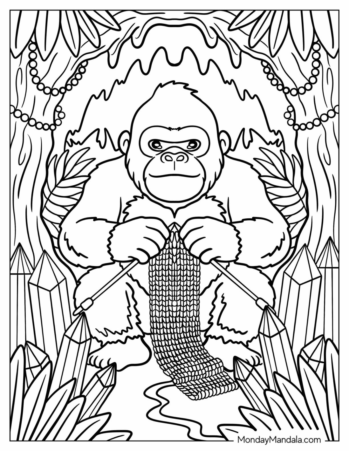 Cute King Kong Coloring Page Knitting in a Forest with Crystals for Kids