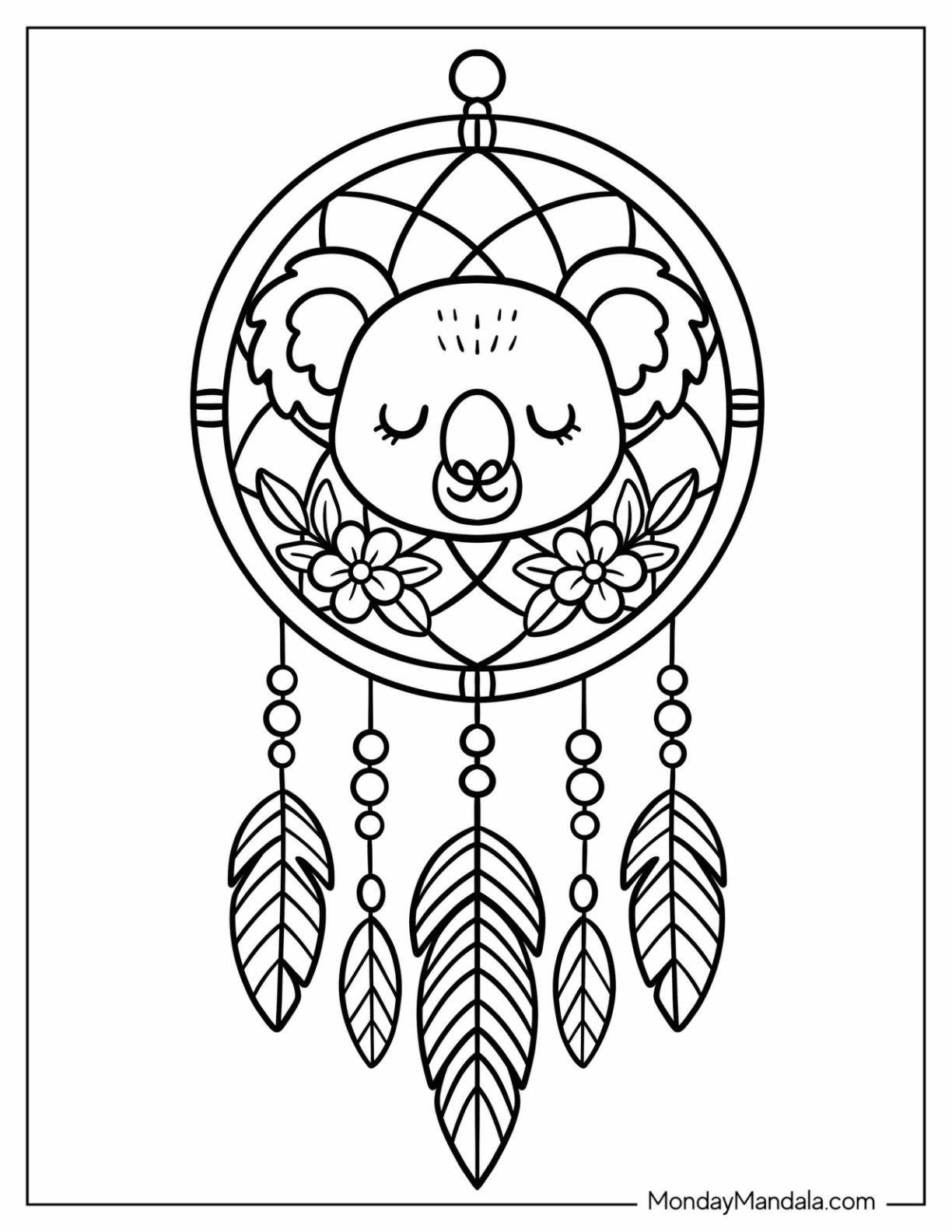 Cute Koala Coloring Page Dreamcatcher with Beads and Feathers