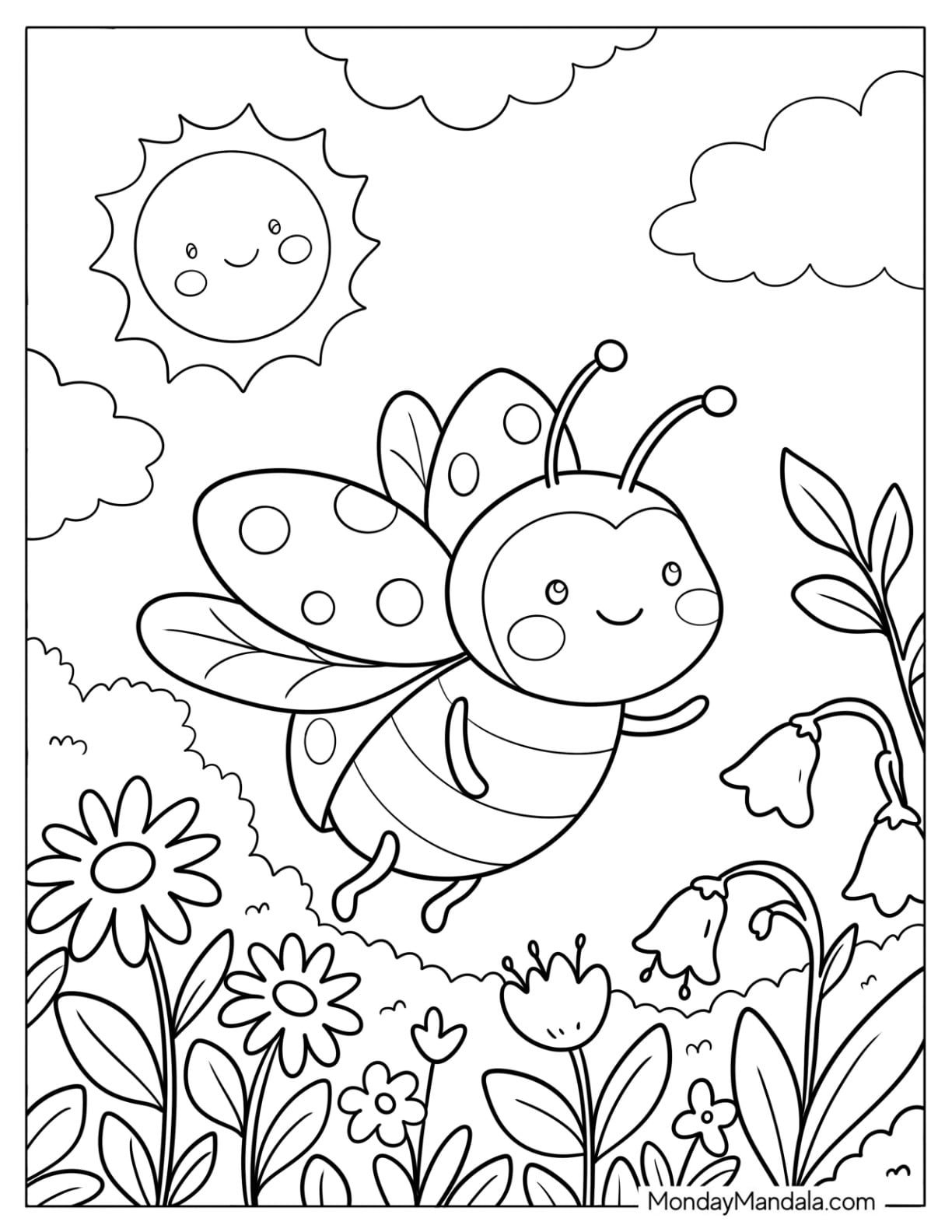 Cute Ladybug Flying Through a Flower Garden Coloring Page for Kids