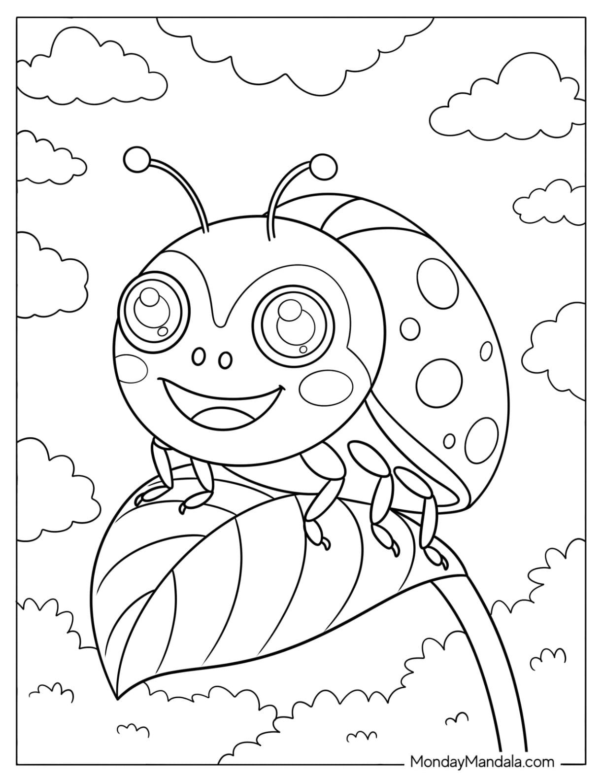 Cute Ladybug Sitting on a Leaf Coloring Page for Kids