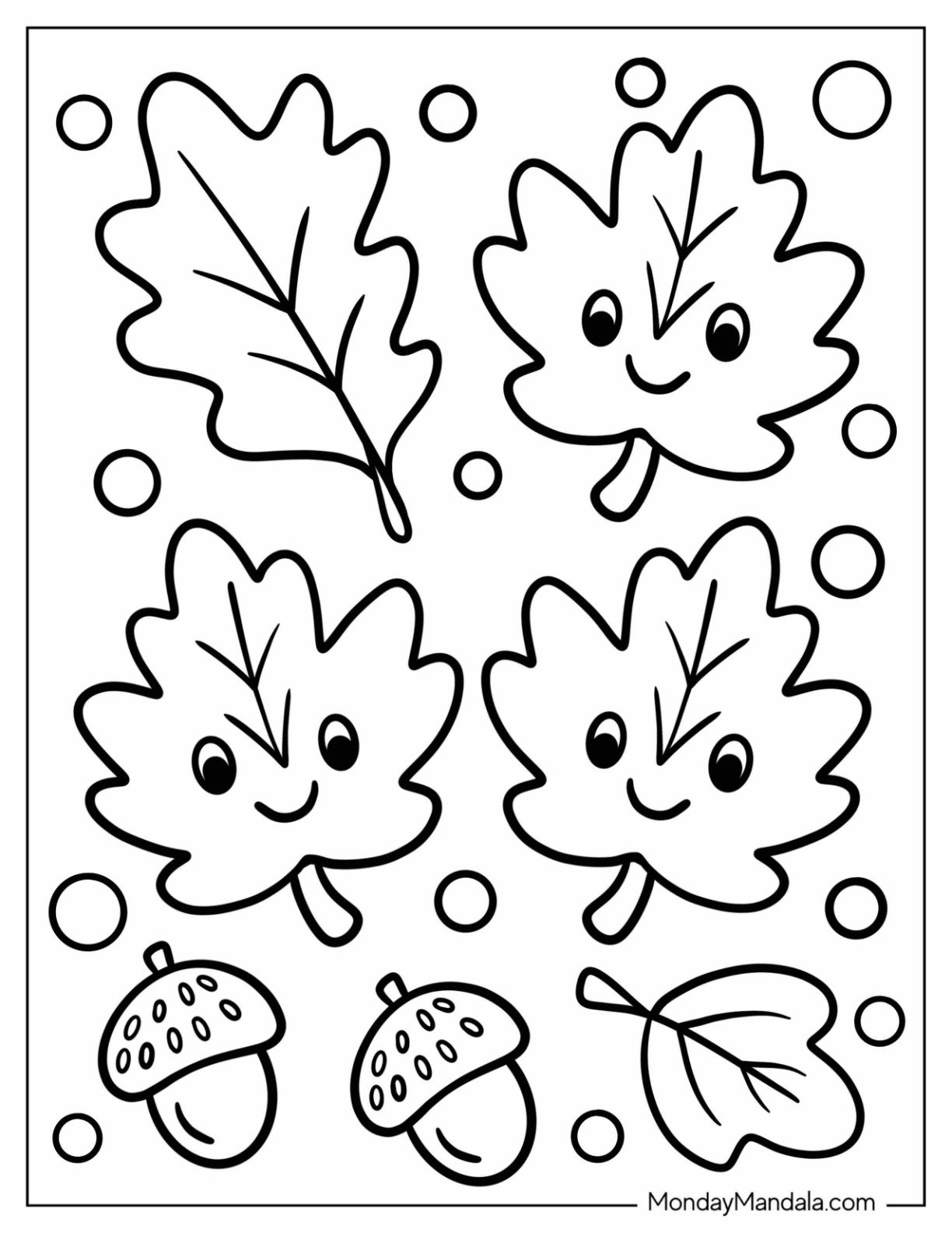 Cute Leaf Faces and Acorns for Fall Coloring Sheet for Preschoolers