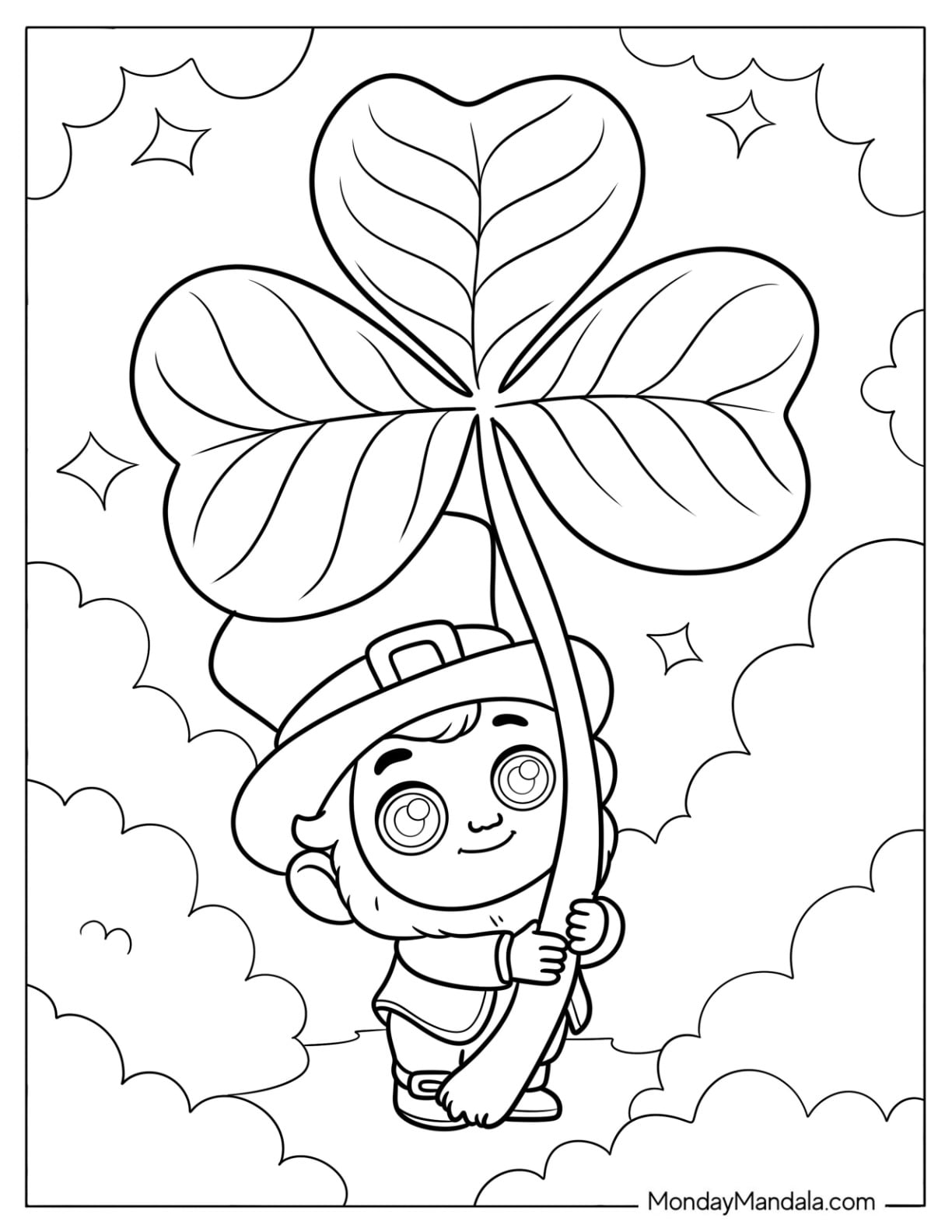 Cute Leprechaun Holding a Giant Shamrock Coloring Page in the Clouds