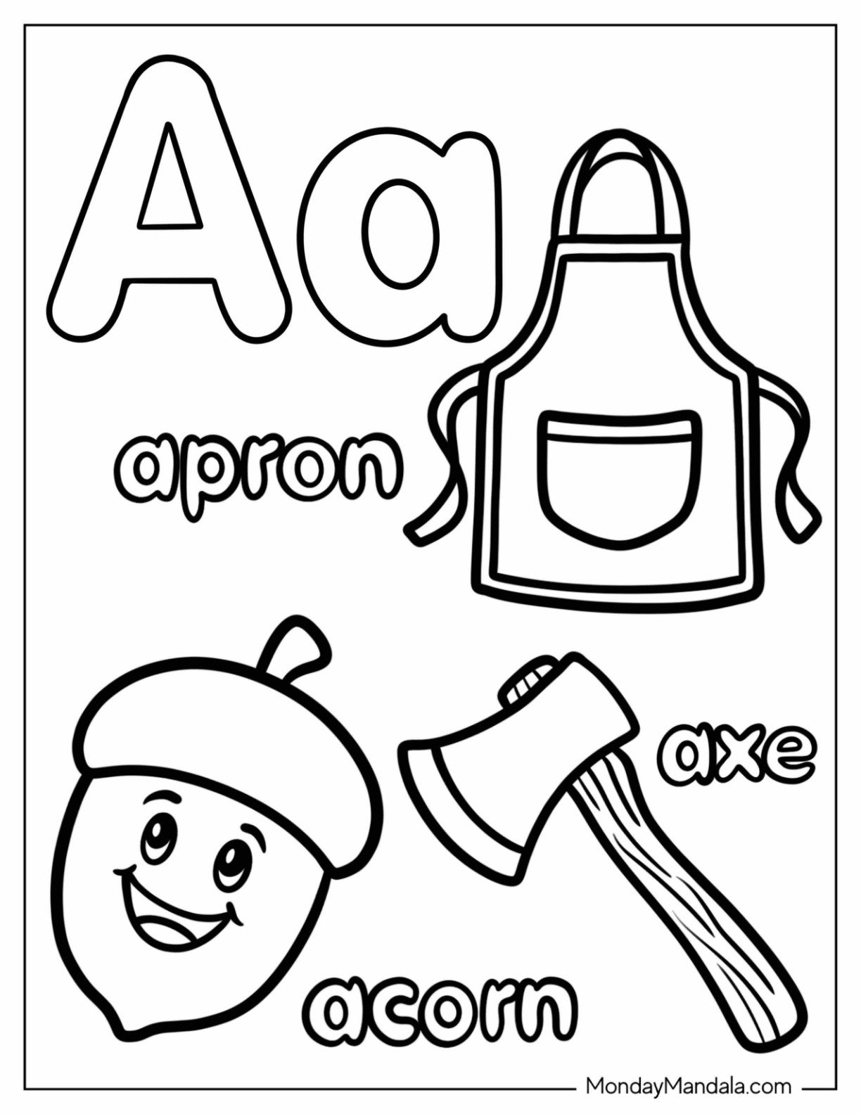 Cute Letter A Coloring Page is for Acorn, Axe, and Apron for Preschoolers
