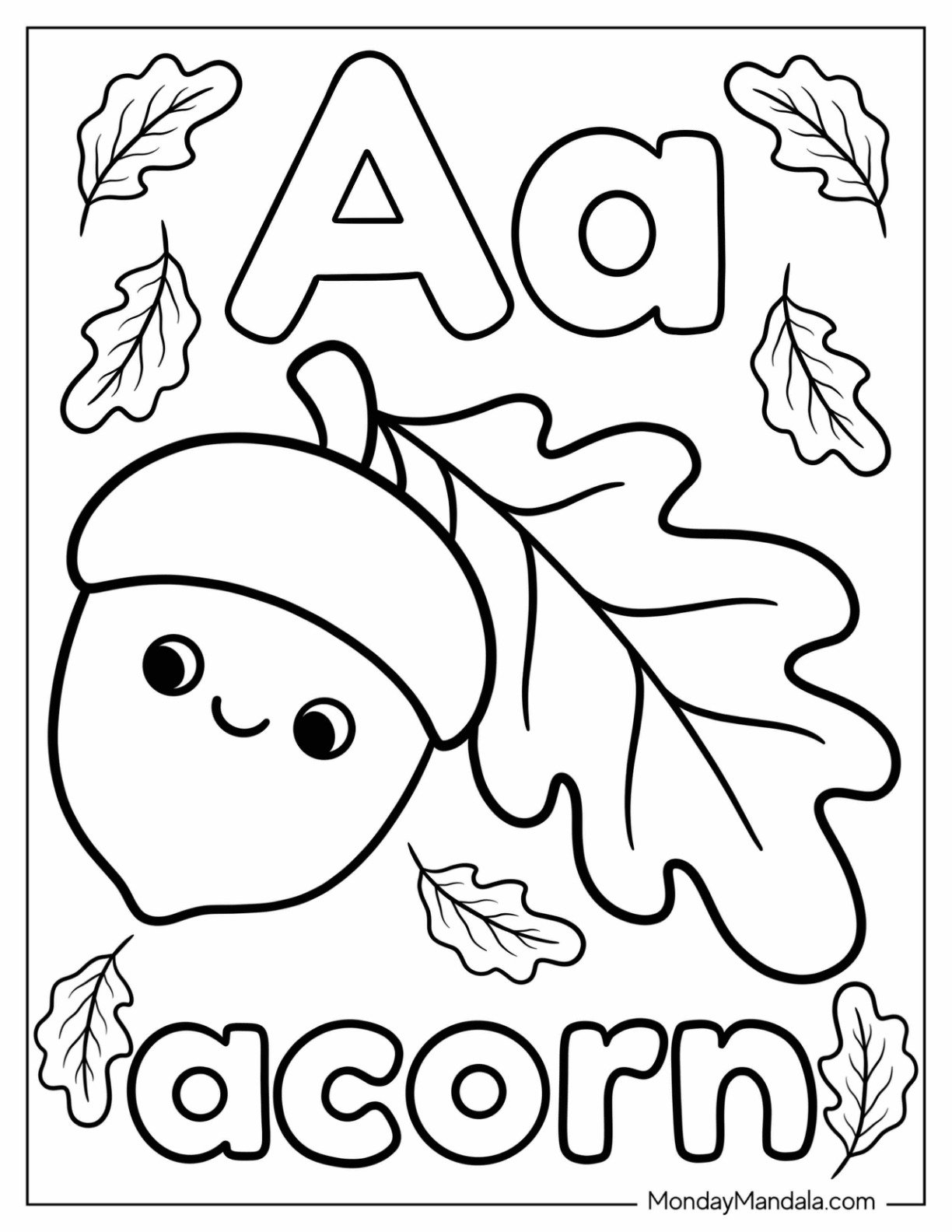 Cute Letter A Coloring Page is for Acorn for Preschoolers