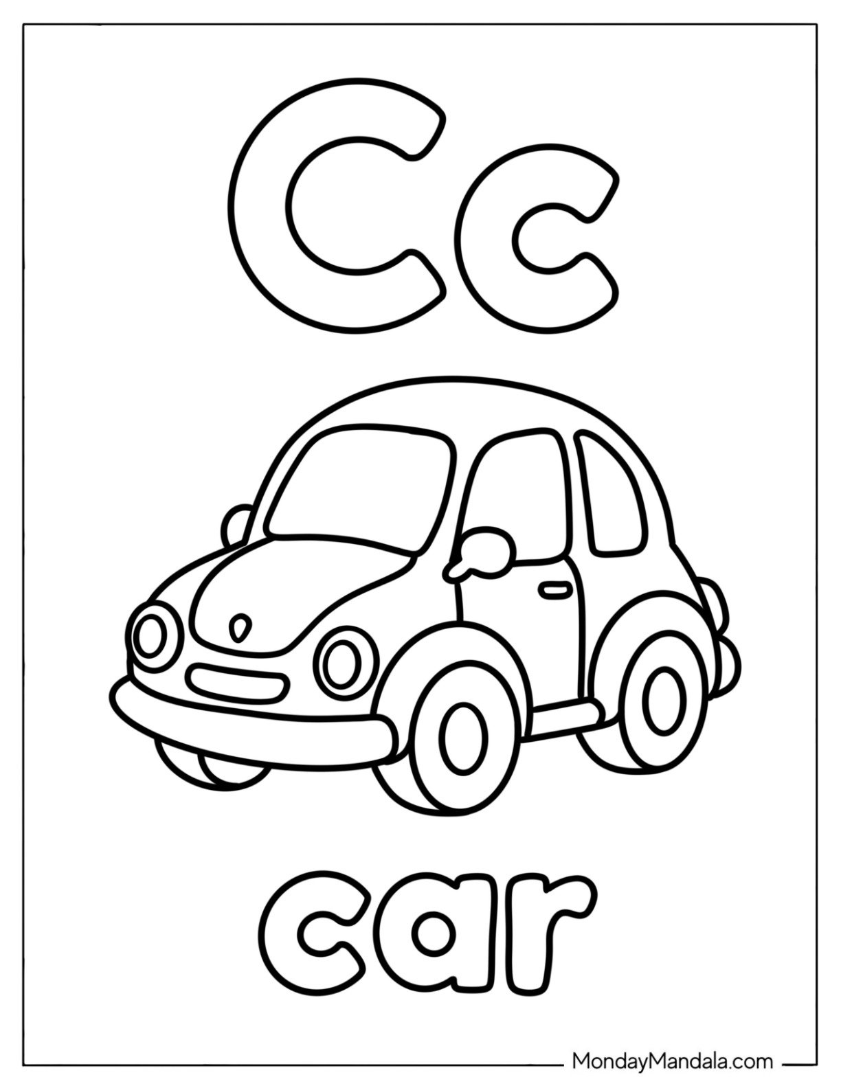 Cute Letter C Coloring Page is for Car for Preschoolers