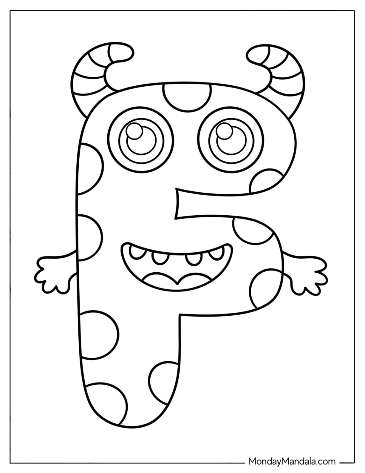 Cute Letter F Coloring Page Monster with Polka Dots for Preschoolers