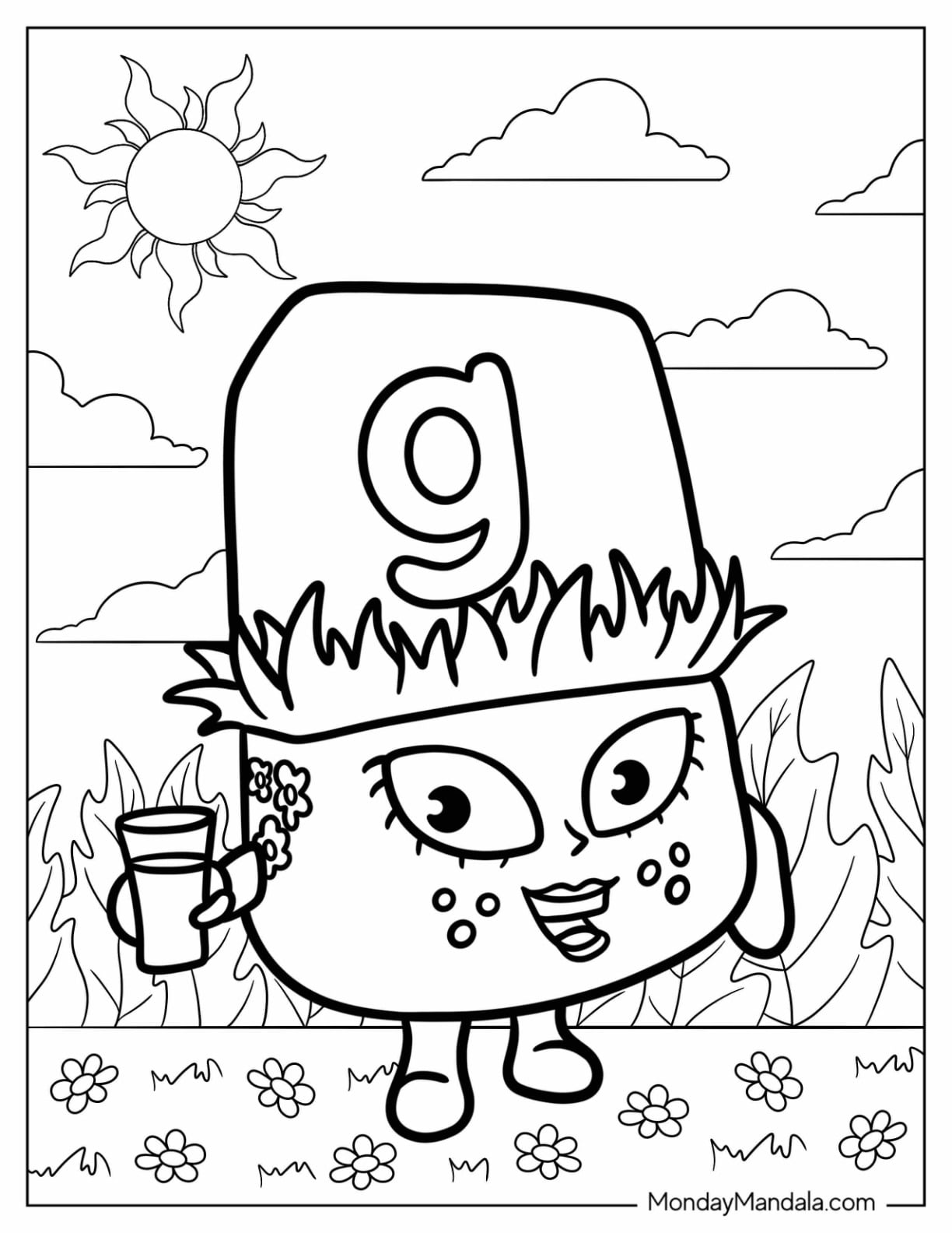 Cute Letter G Coloring Page Cartoon Holding Glass Of Water