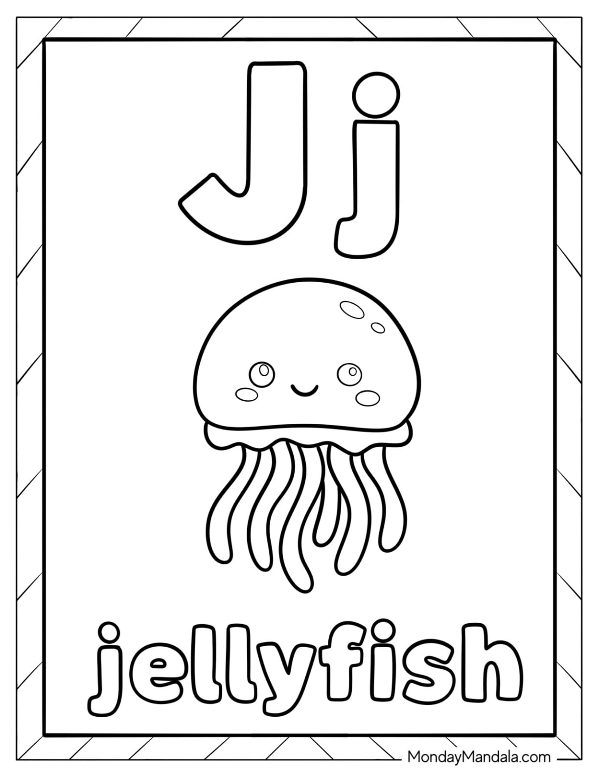 Cute Letter J Coloring Page for Jellyfish Flashcard