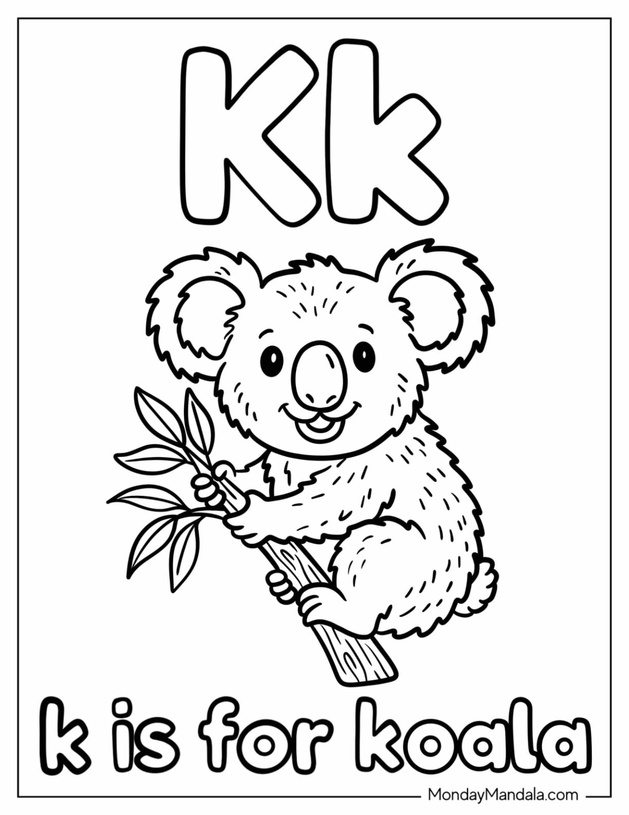 Cute Letter K Coloring Page is for Koala for Kids