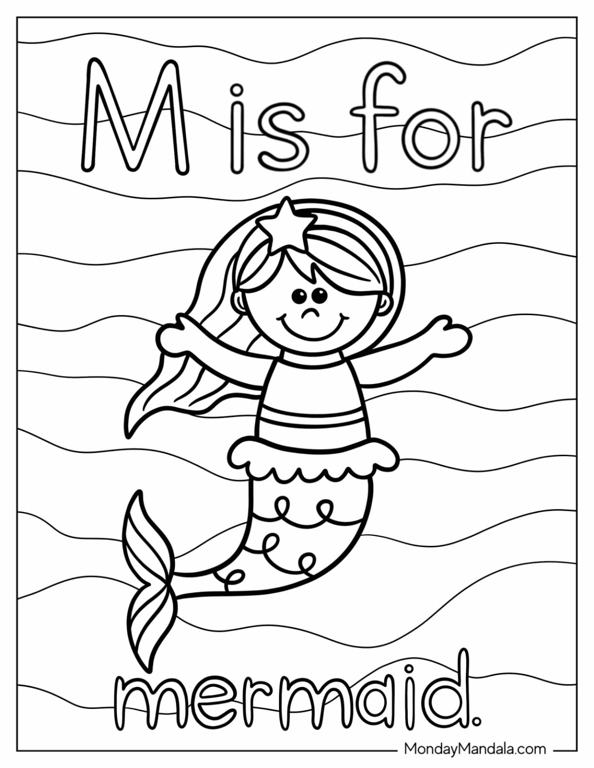 Cute Letter M Coloring Page Is For Mermaid Flashcard
