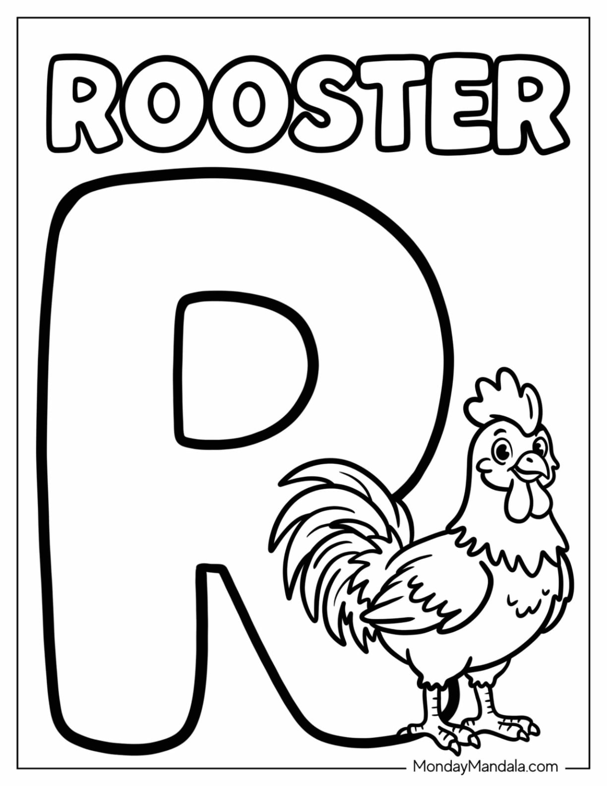 Cute Letter R Coloring Page is for Rooster for Kids