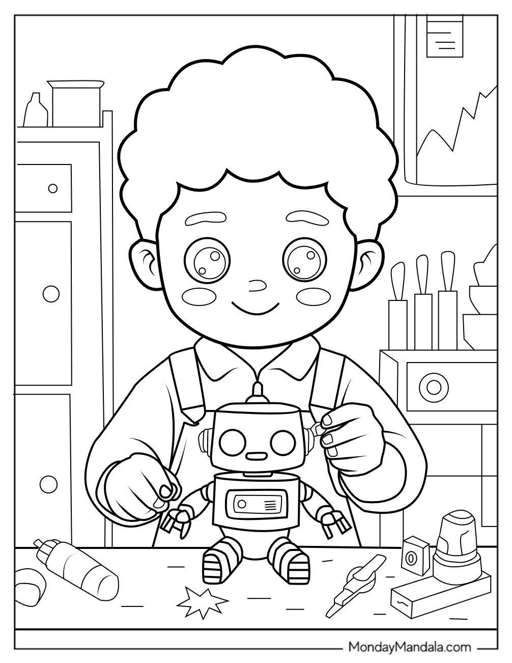 People Coloring Page of Cute Little Boy Playing With A Robot For Kids