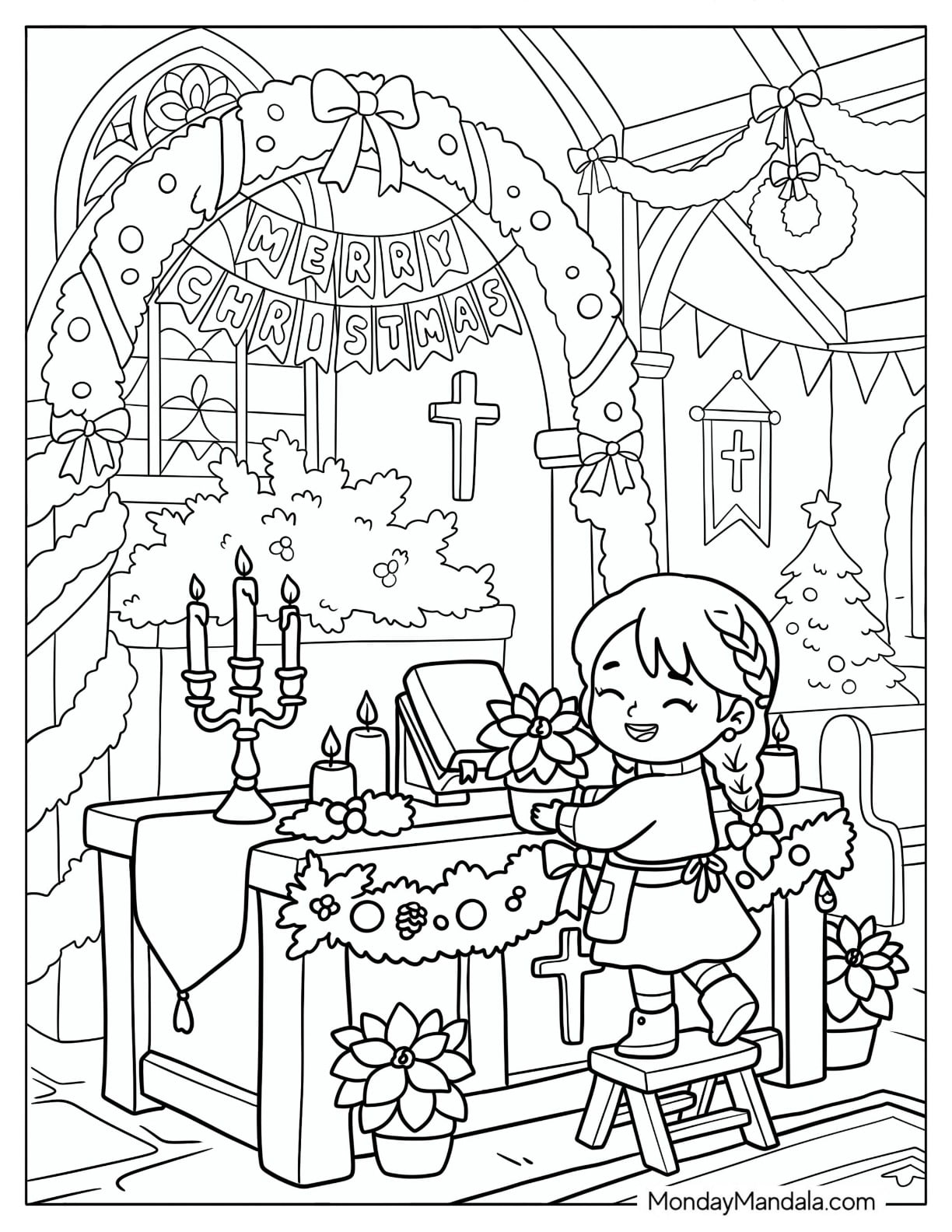 Cute Little Girl Decorating a Church Altar for Christian Christmas Coloring Sheet
