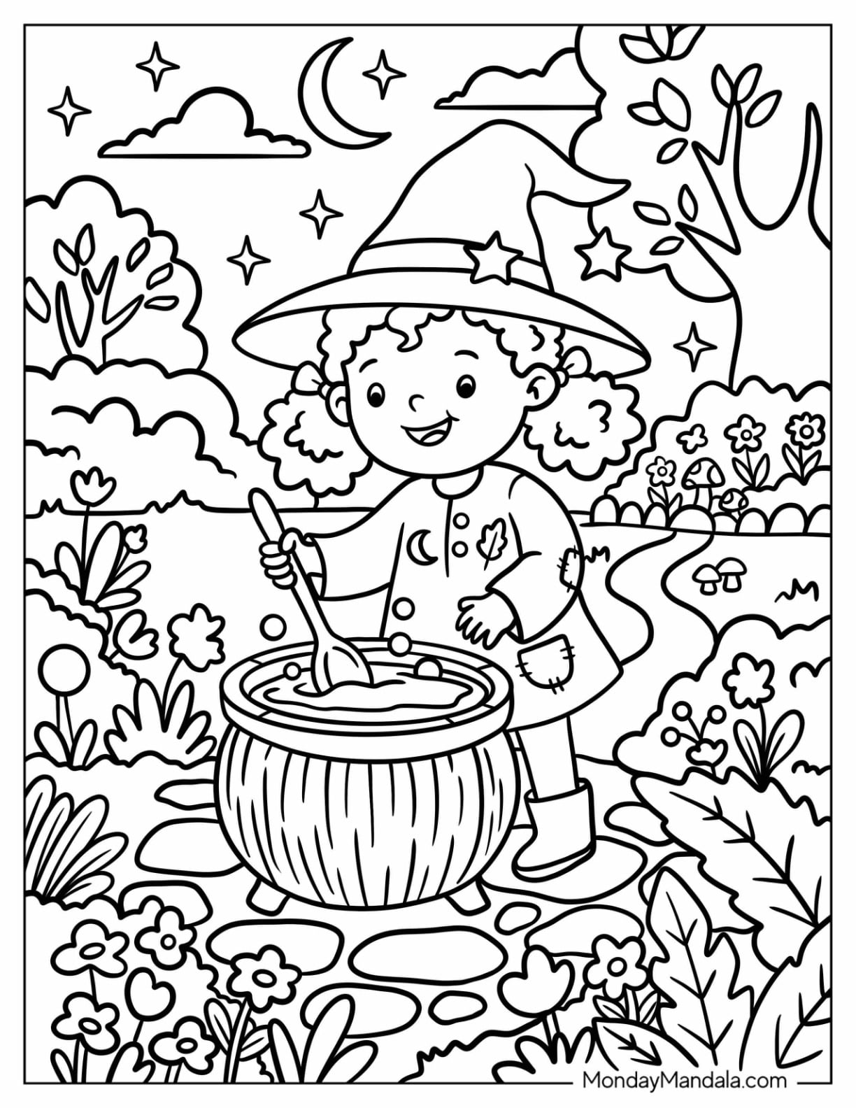 Cute Little Witch Stirring a Cauldron in the Garden