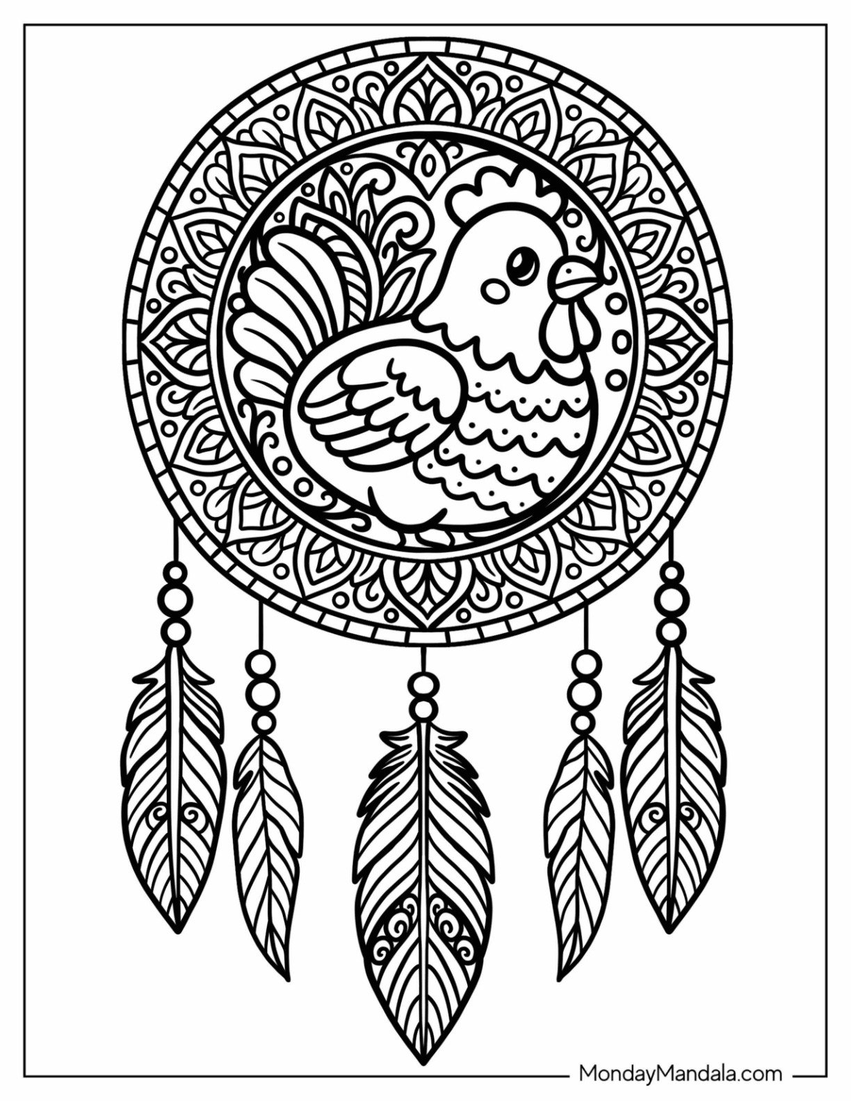 Cute Mandala Chicken Coloring Page Dreamcatcher With Feathers