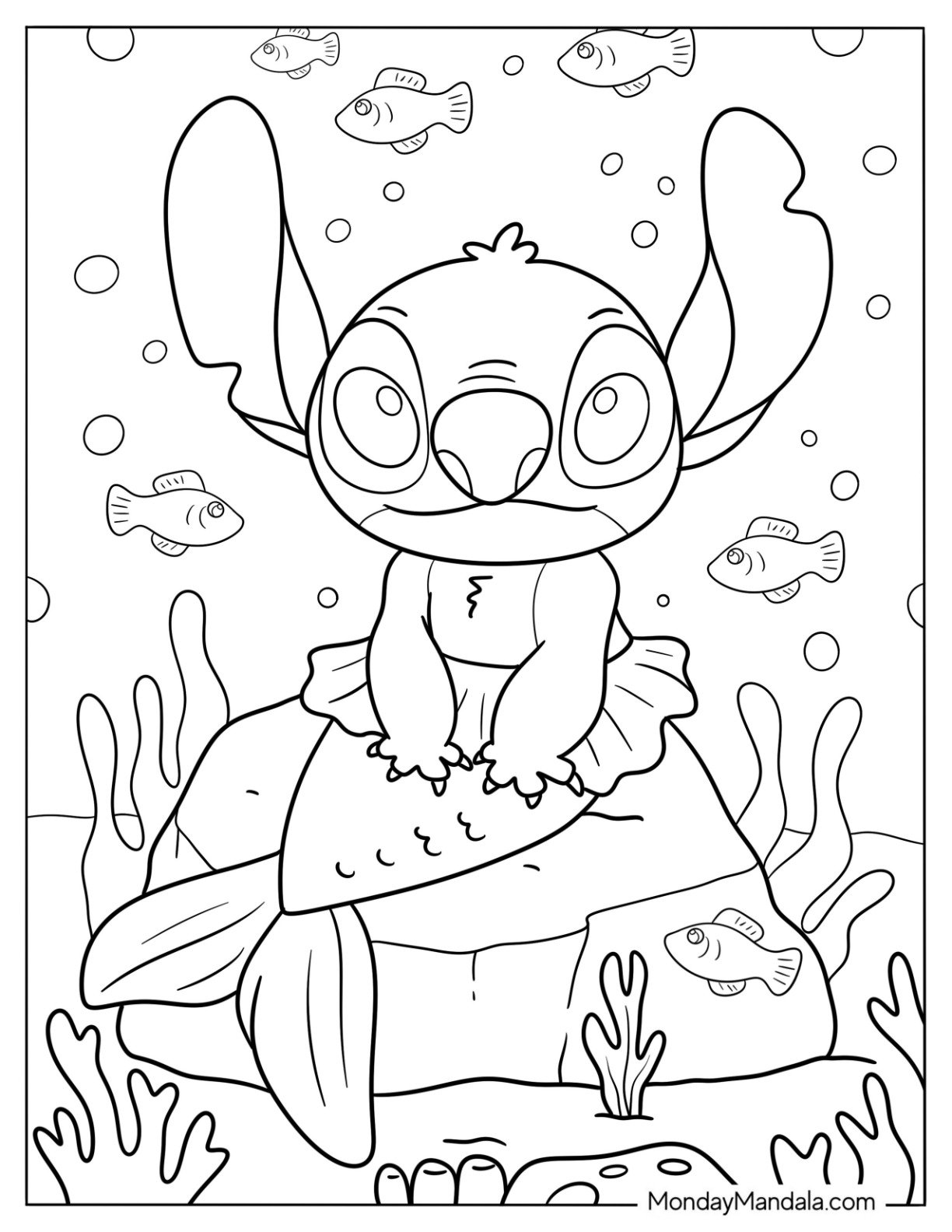 Cute Mermaid Coloring Page Stitch with Corals and Fish
