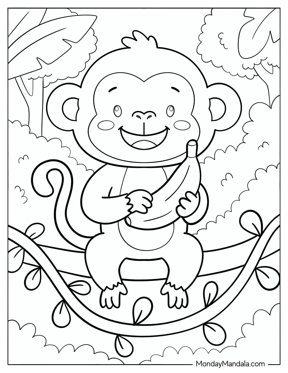 Cute Monkey Holding a Banana Coloring Sheet