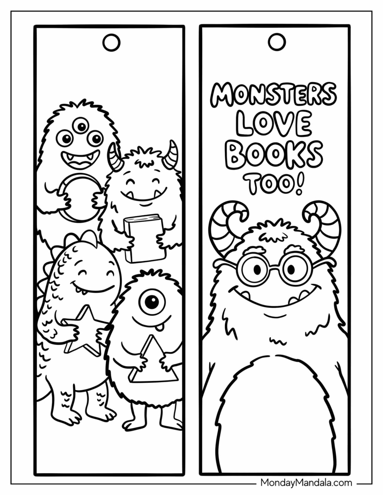 Cute Monsters Who Love Books Bookmark Coloring Page
