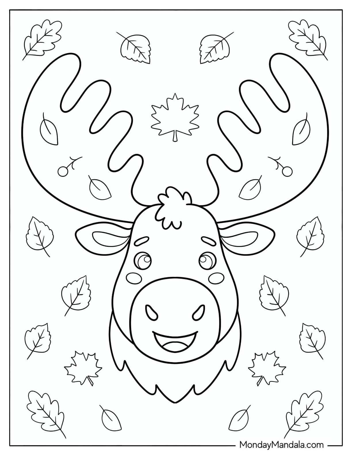 Cute Moose with Large Antlers and Falling Leaves Coloring Page for Kids