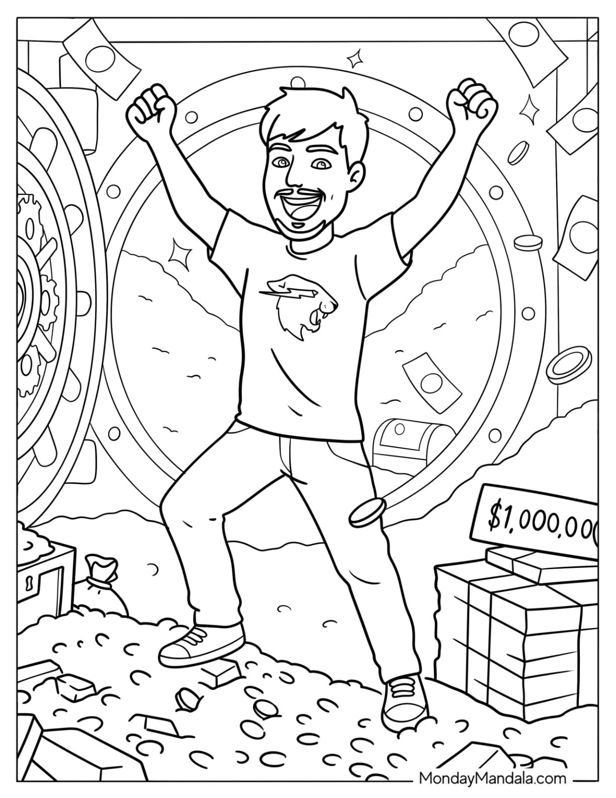 Cute MrBeast Celebrating Inside a Money Vault Coloring Page for Kids