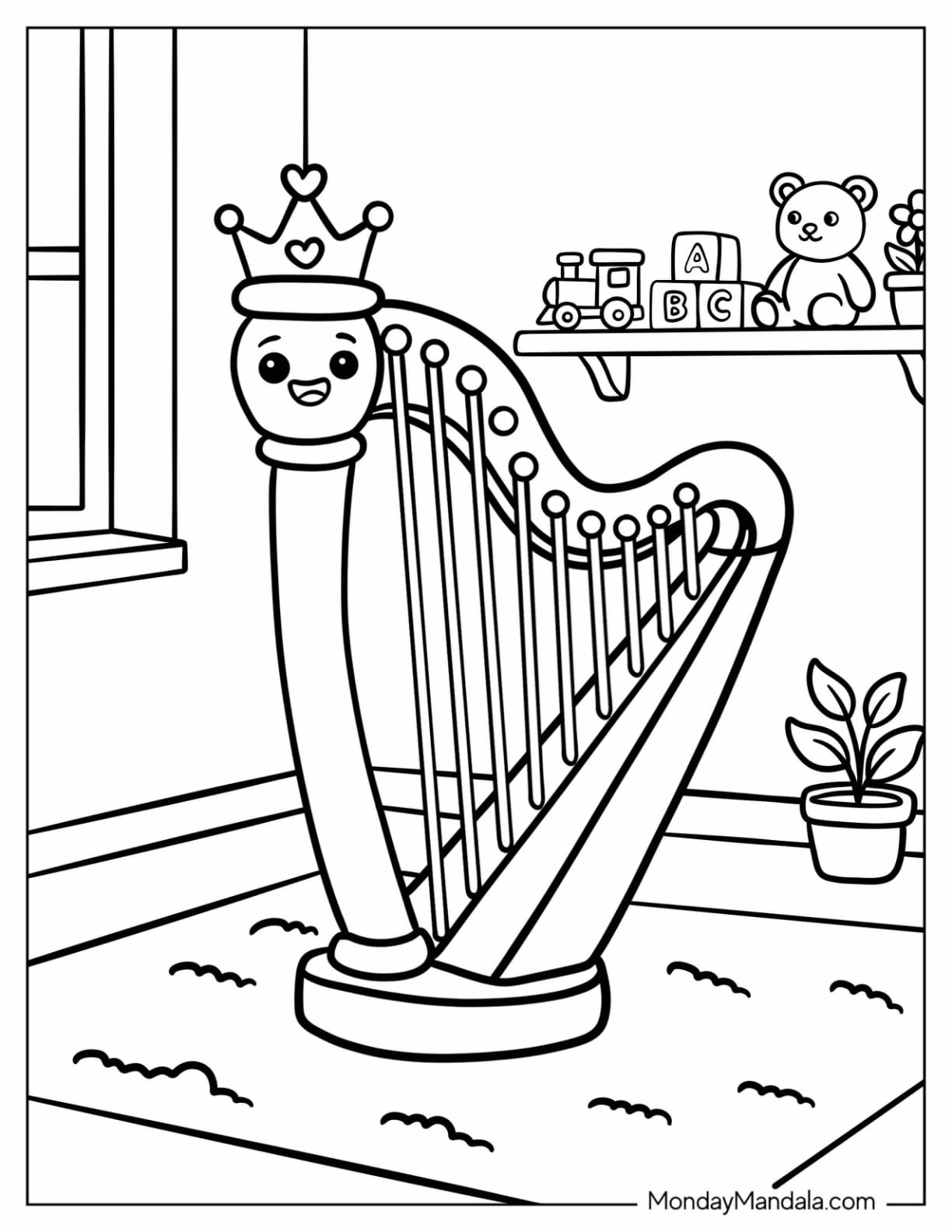 Cute Musical Harp with Crown and Toys Coloring Page for KLids