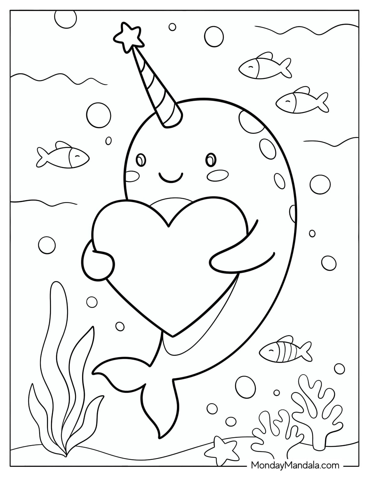 Cute Narwhal Hugging a Heart Coloring Sheet for Kids