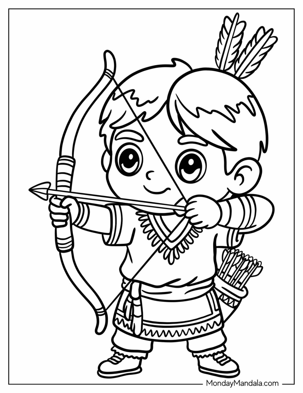Cute Native American Coloring Page of Boy Holding Bow and Arrow in Traditional Outfit for Preschoolers
