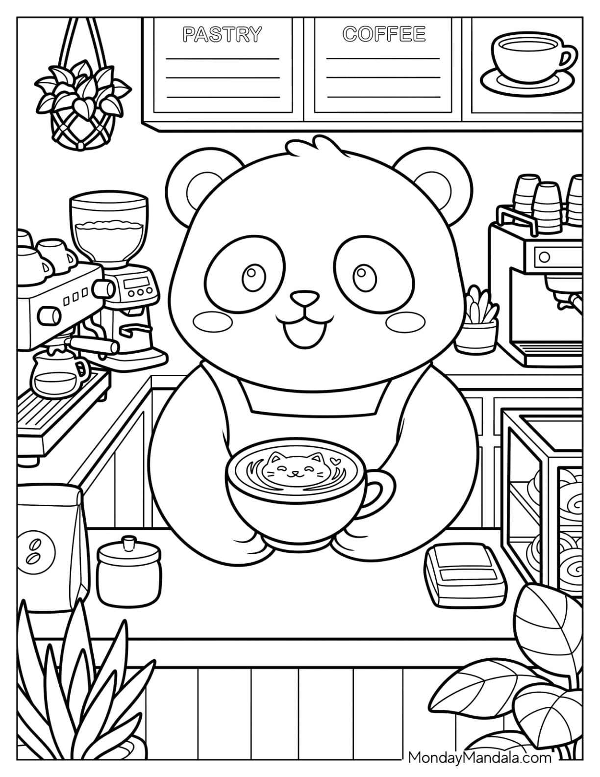 Cute Panda Barista Holding a Latte in a Coffee Shop Coloring Page for Kids