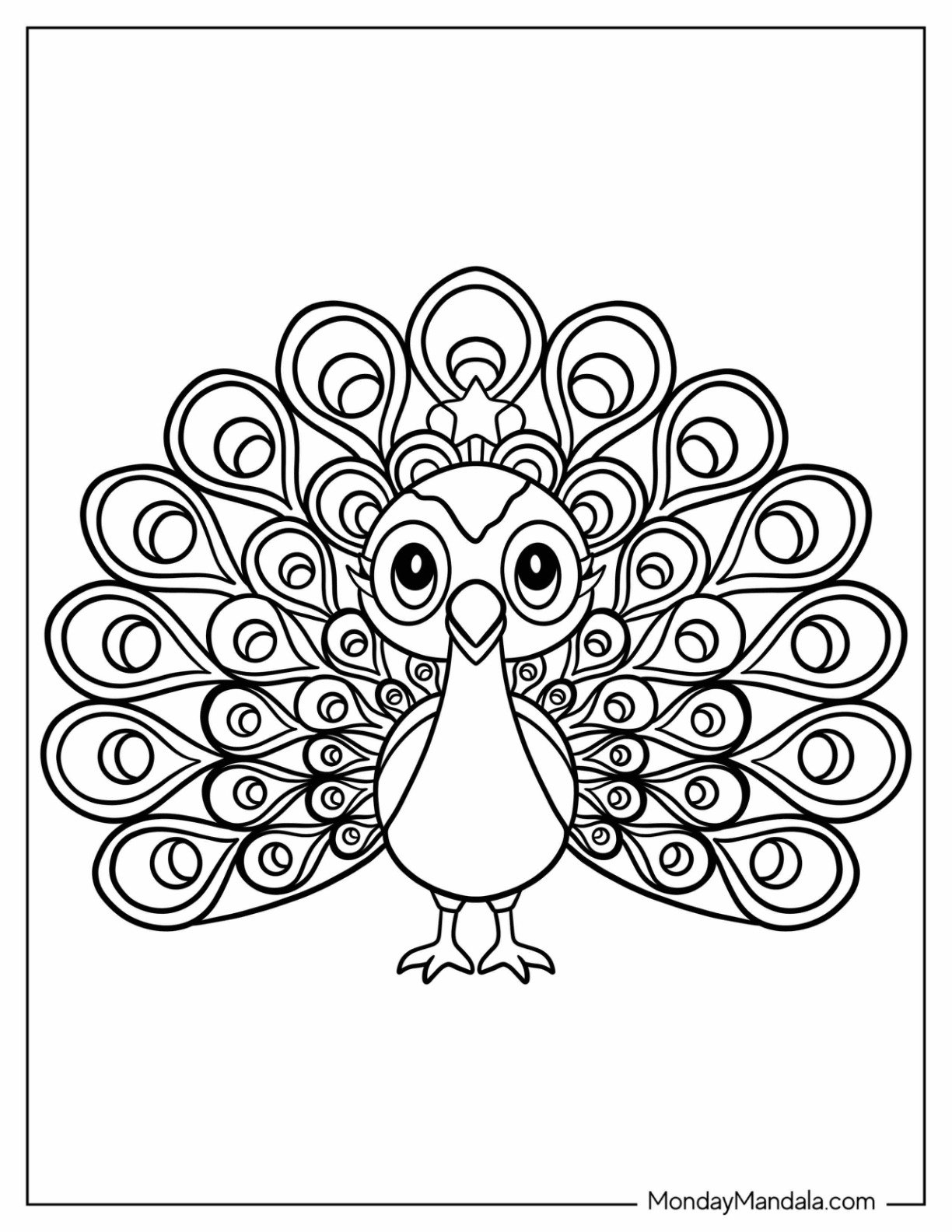 Cute Peacock Coloring Page with Fanned Feathers For Kids