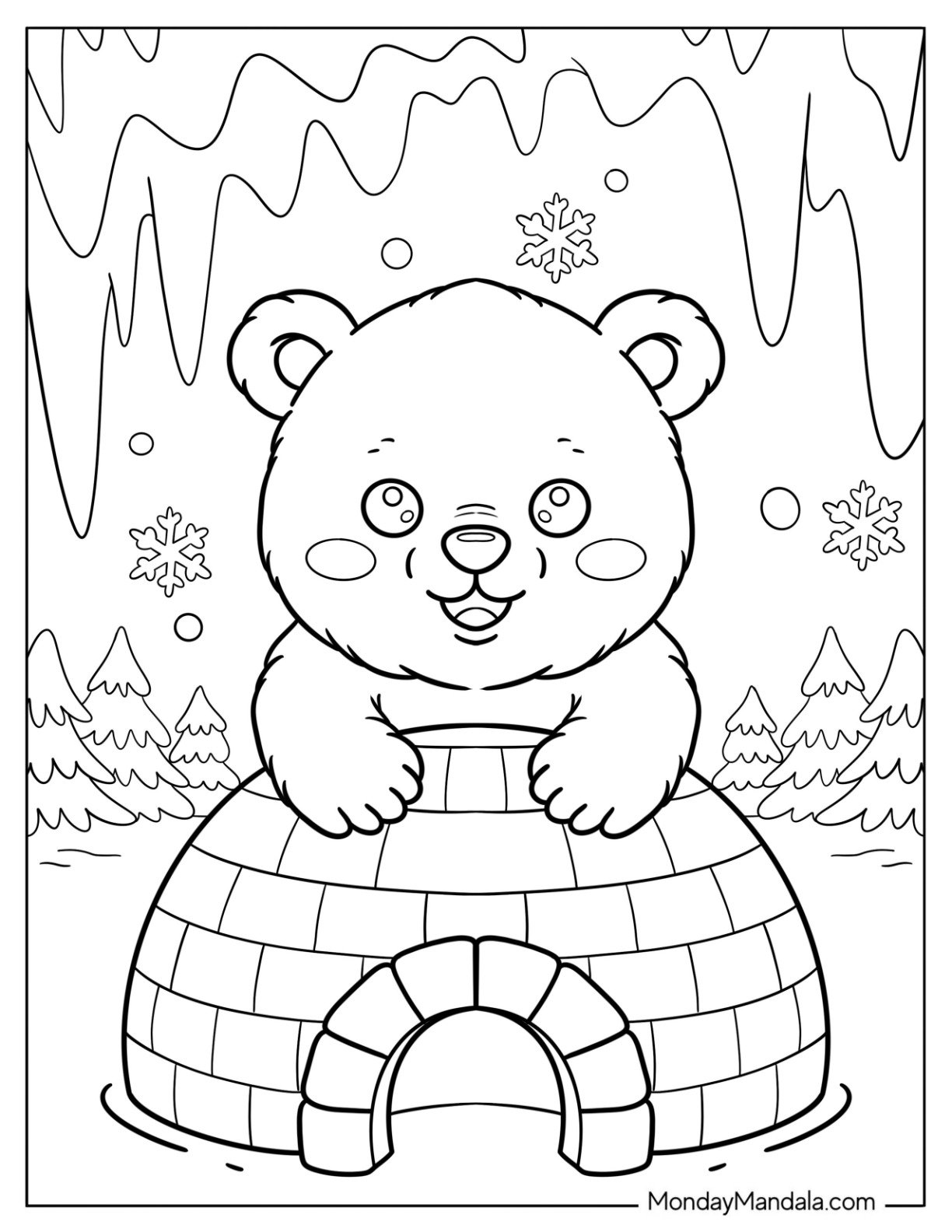 Cute Polar Bear Coloring Page Hugging a Tiny Igloo for Kids