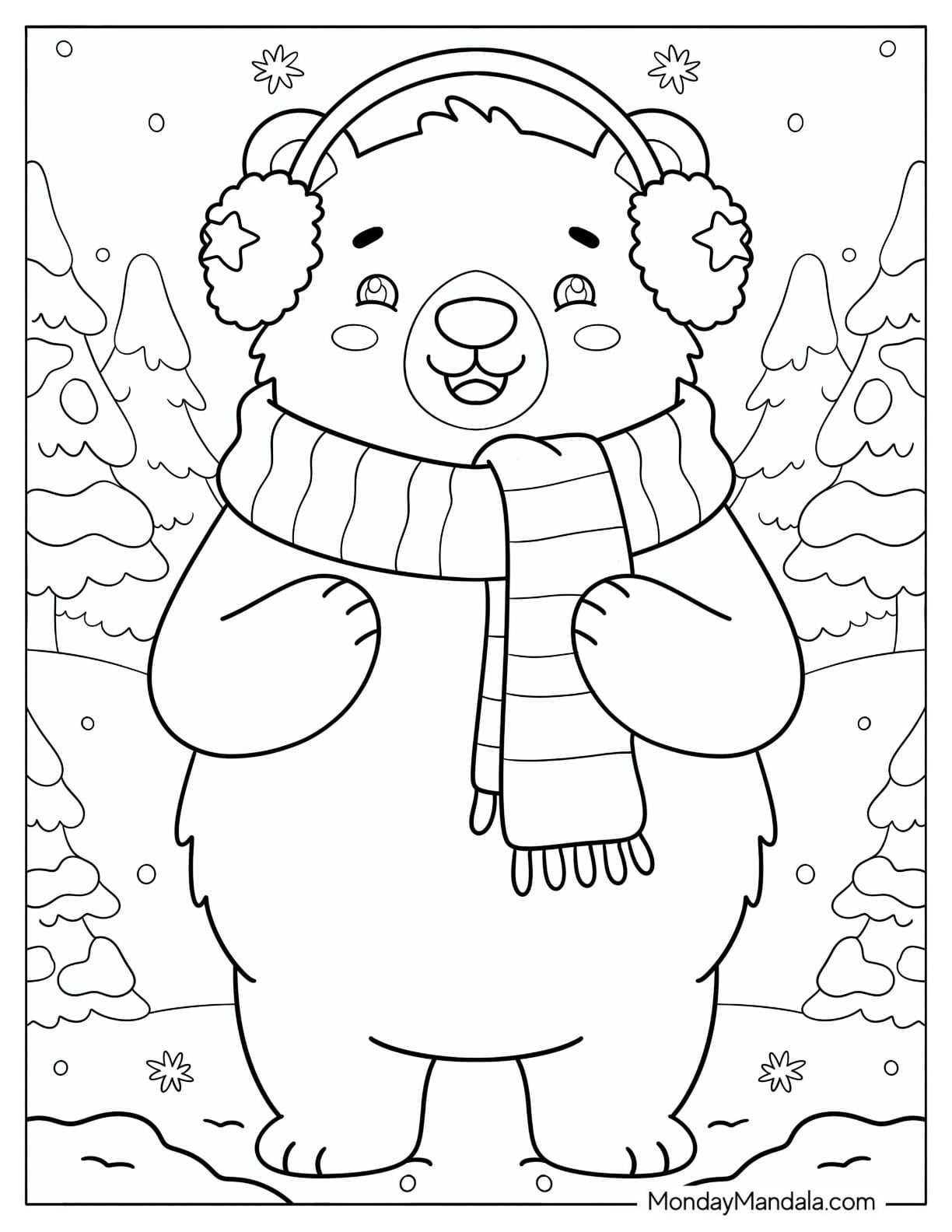 Cute Polar Bear with Ear Muffs and Striped Scarf Coloring Sheet