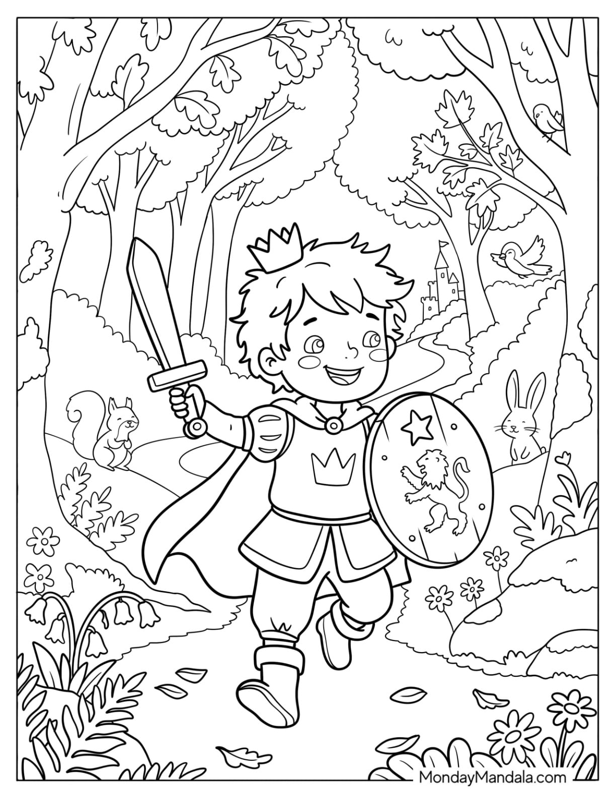 Cute Prince Walking Through the Forest with Sword and Shield Coloring Sheet for Kids